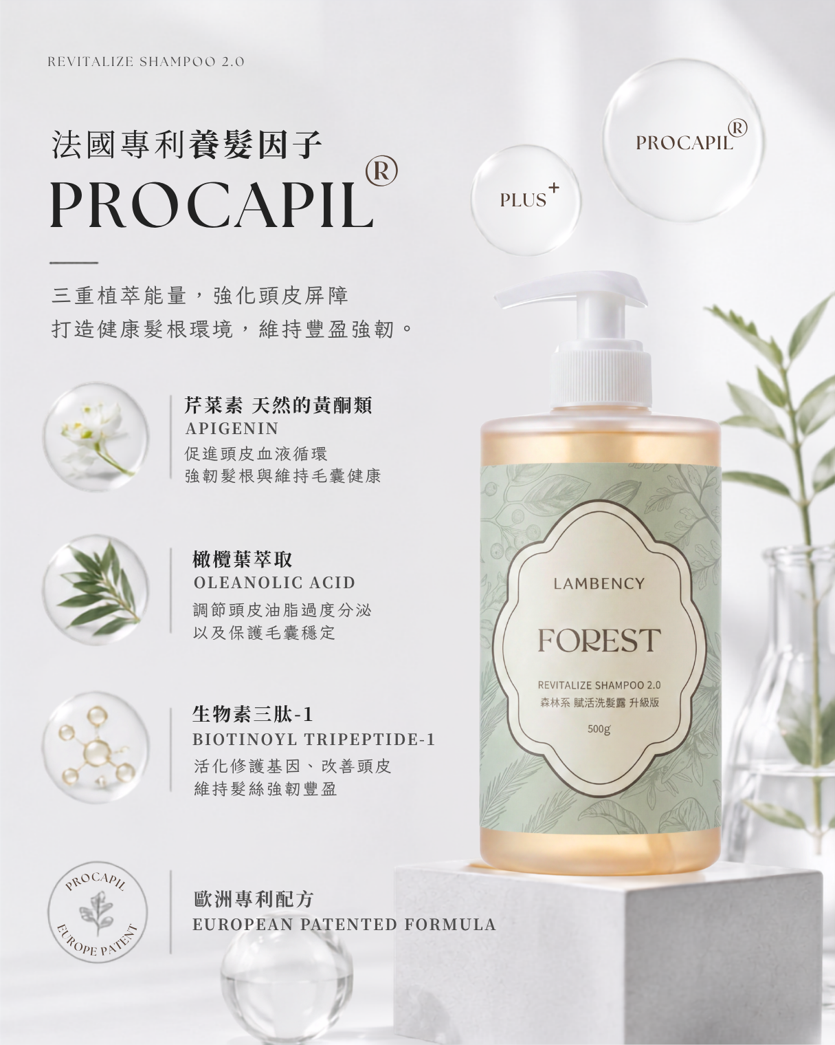 LAMBENCY Procapil® 頭皮保養洗髮露，添加法國專利 Procapil®、咖啡因與植萃配方，打造健康頭皮環境，適合重視頭皮養護的日常洗髮需求。