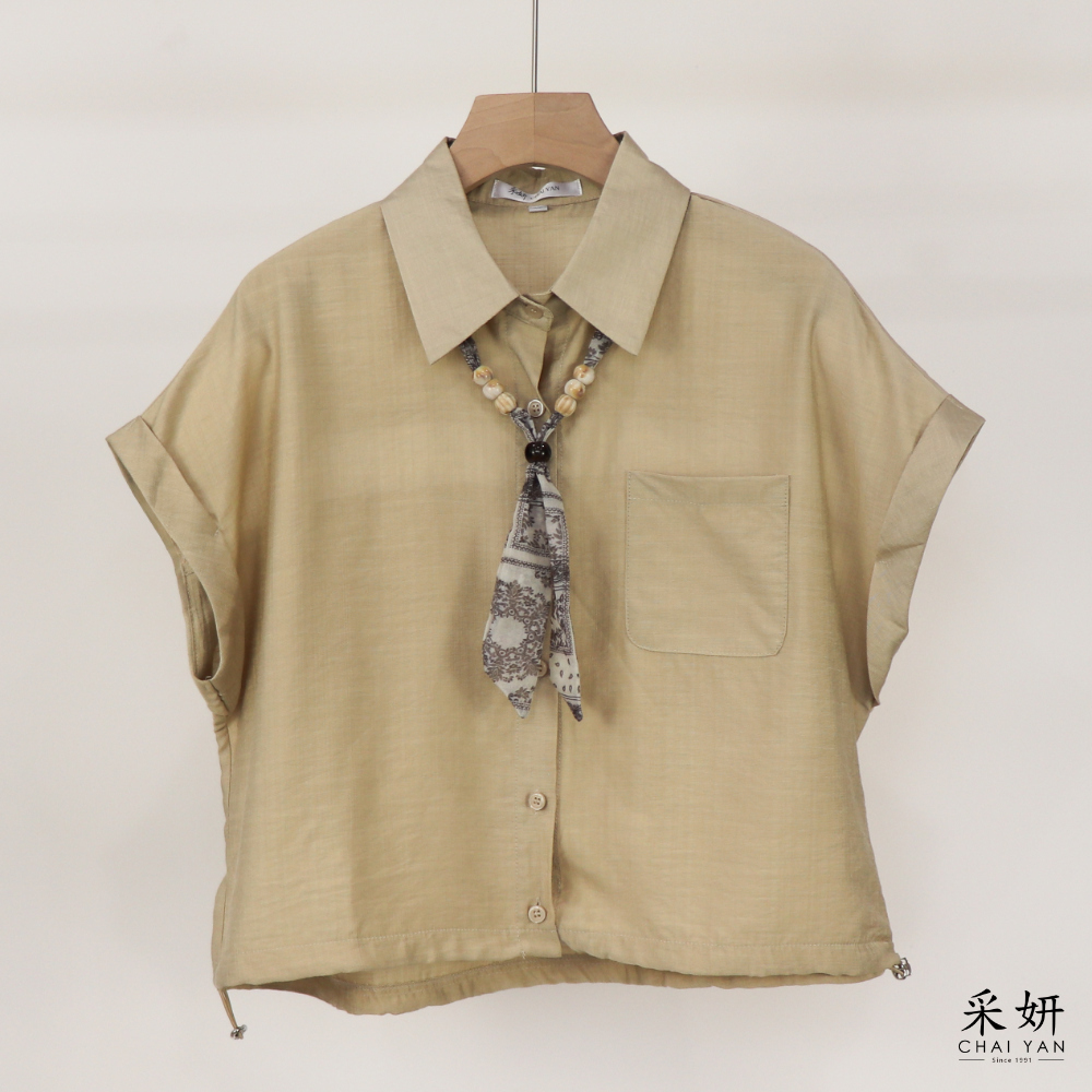蕾絲拼接復古領巾短袖襯衫
