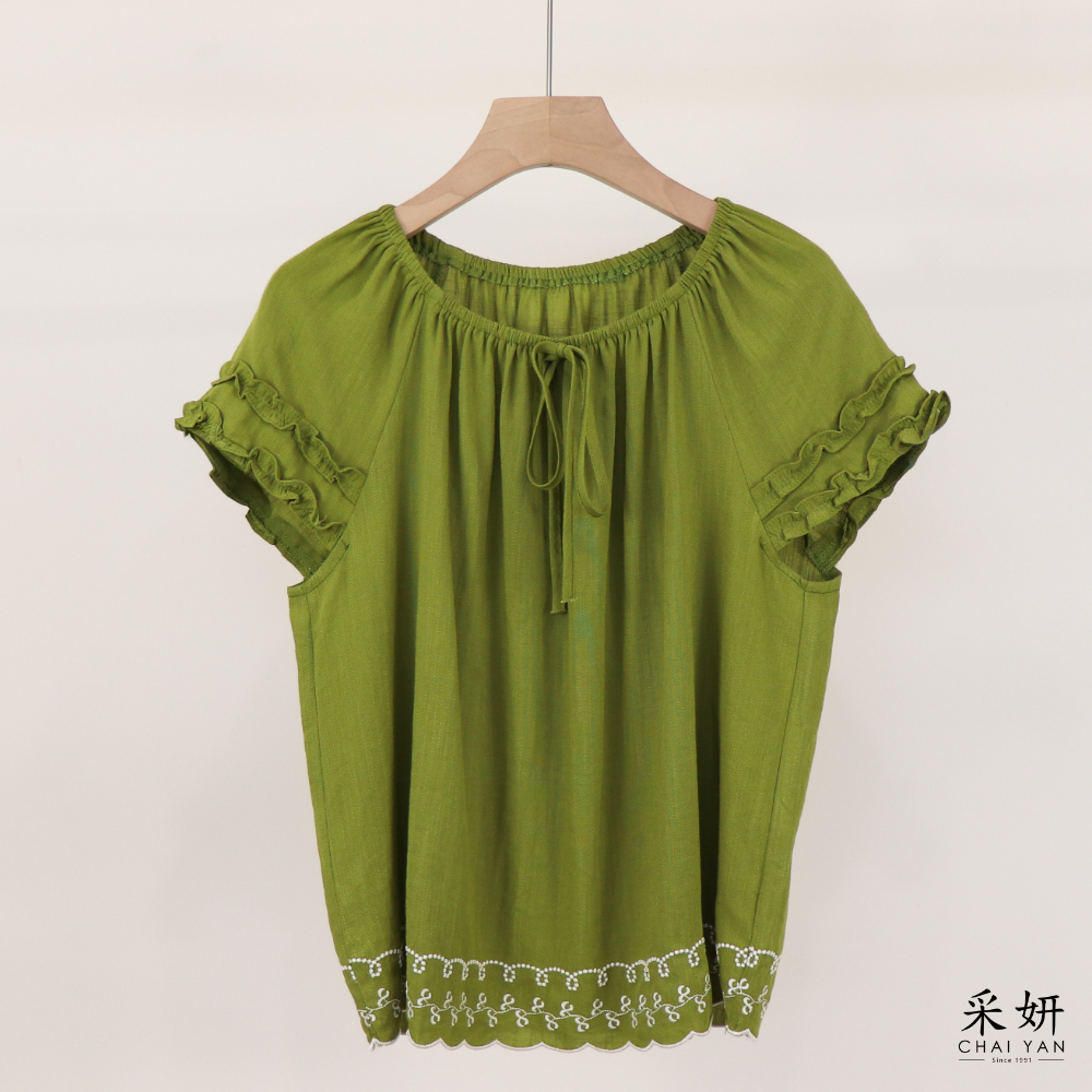 刺繡花邊荷葉短袖上衣