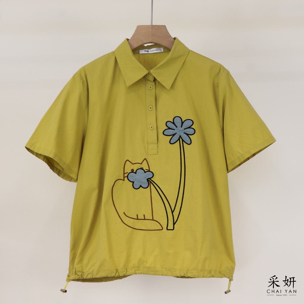 小貓花朵刺繡POLO領短袖上衣