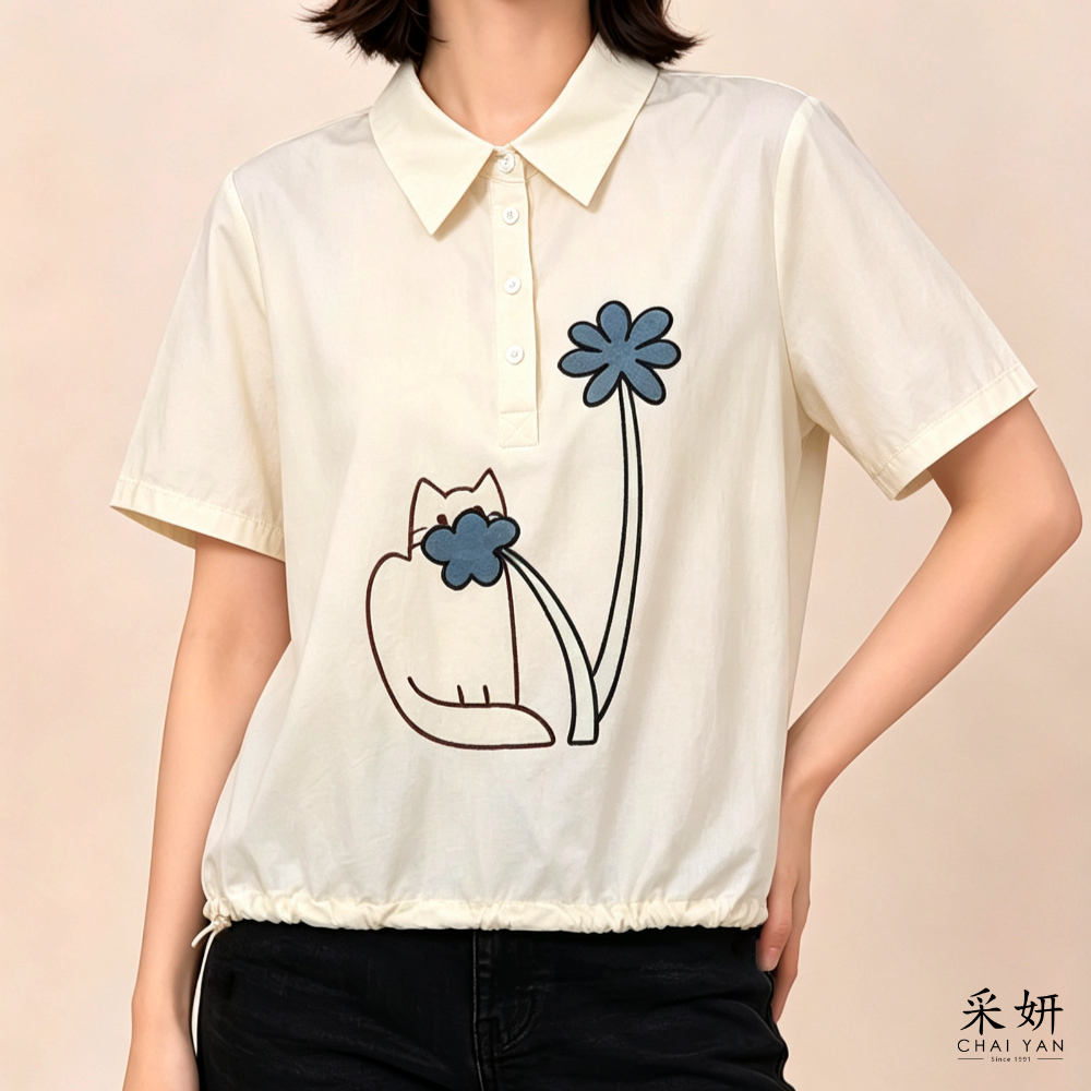 小貓花朵刺繡POLO領短袖上衣