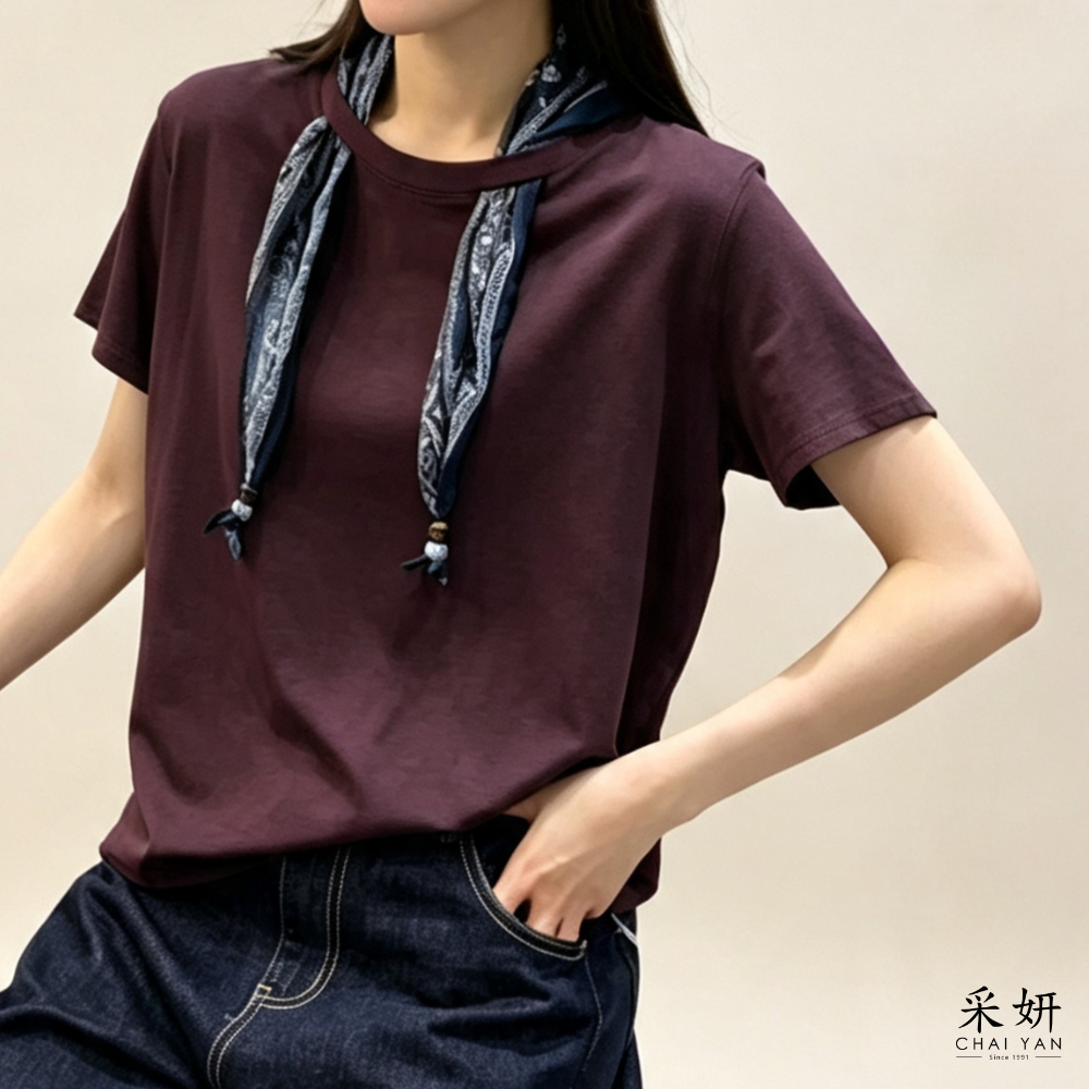 率性印花領巾短袖上衣