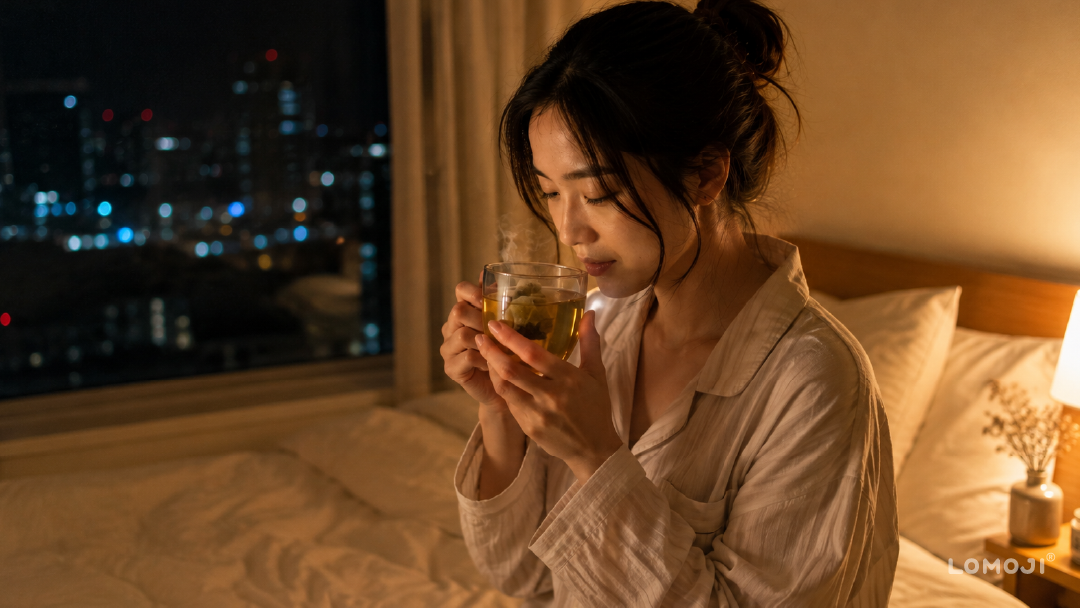 樂木集漢方茶深夜飲用情境示意圖:女子身穿睡衣在床頭燈光下品嚐無咖啡因漢方茶,神情放鬆,窗外為城市夜景,展現睡前品茗的放鬆儀式感