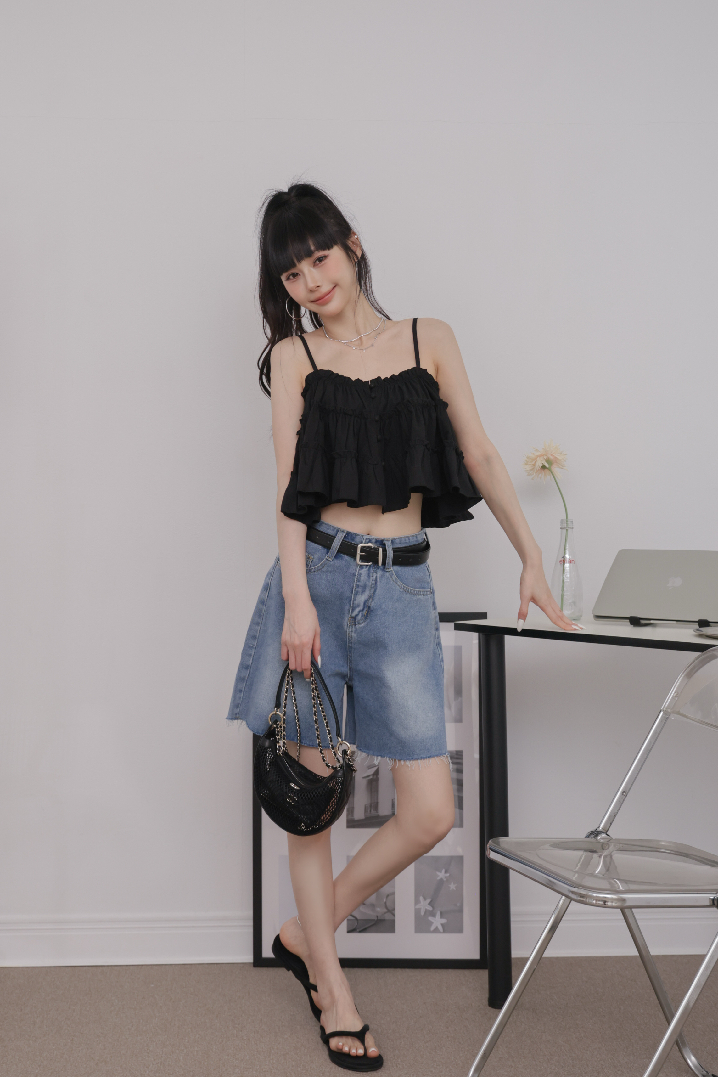不修邊闊腿牛仔短褲 R31 #深藍