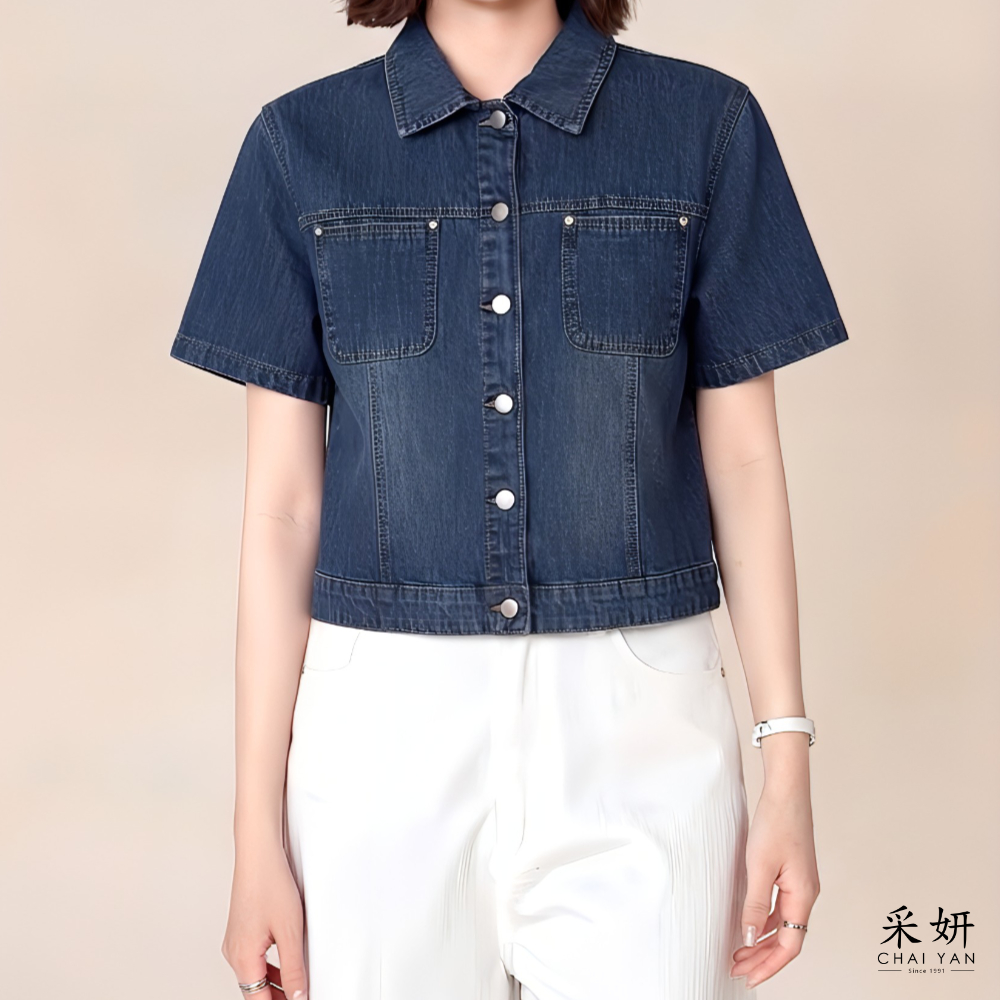 復古水洗雙口袋牛仔短袖襯衫