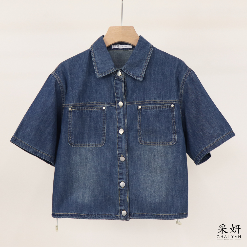 復古水洗雙口袋牛仔短袖襯衫