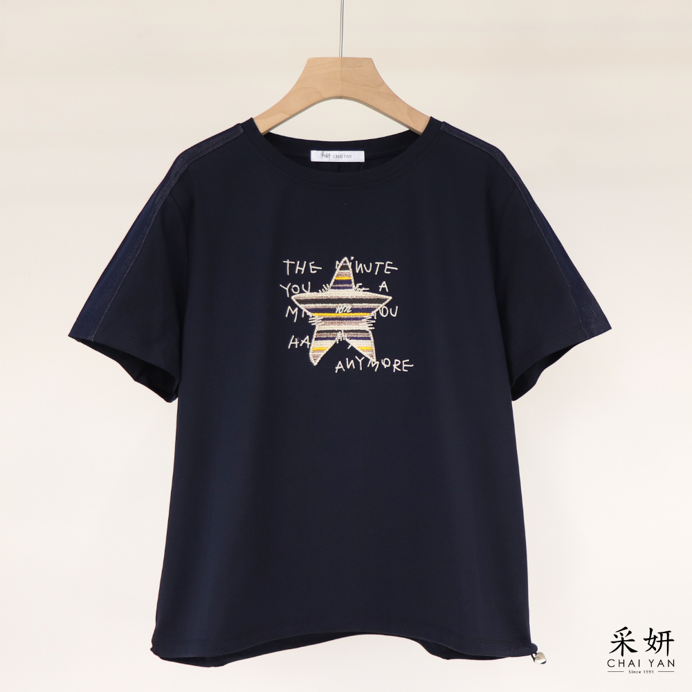 星星字母刺繡拼接短袖上衣