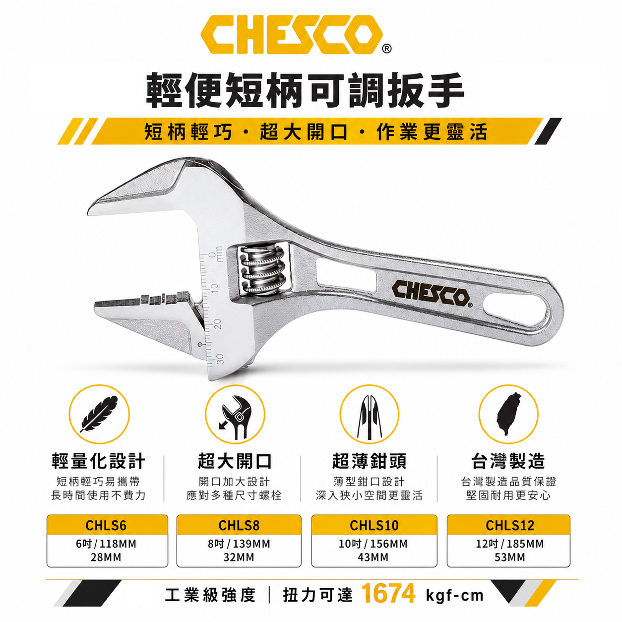 CHESCO｜大開口活動板手｜輕量型大開口活動扳手 短型鐵柄附刻度活動板手｜CHLS6｜｜CHLS8｜CHLS10｜｜CHLS12｜台灣製