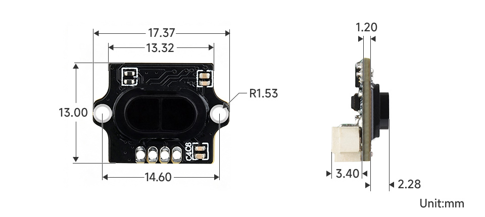 TOF MINI,飛時測距雷射感測器,UART 通訊,尺寸規格