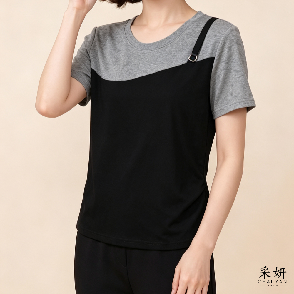 灰黑不對稱拼接短袖上衣