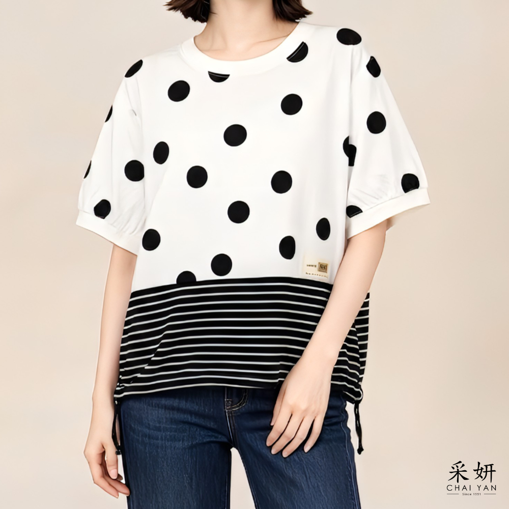 波點條紋拼接短袖上衣