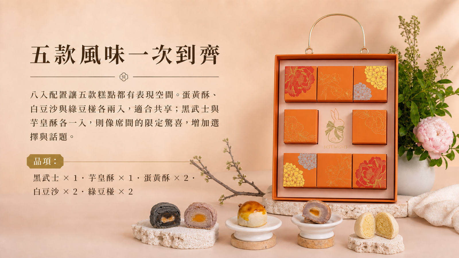 橙華牡丹開盒全貌，八個花卉單盒整齊排列，搭配五款月餅實際外觀與剖面