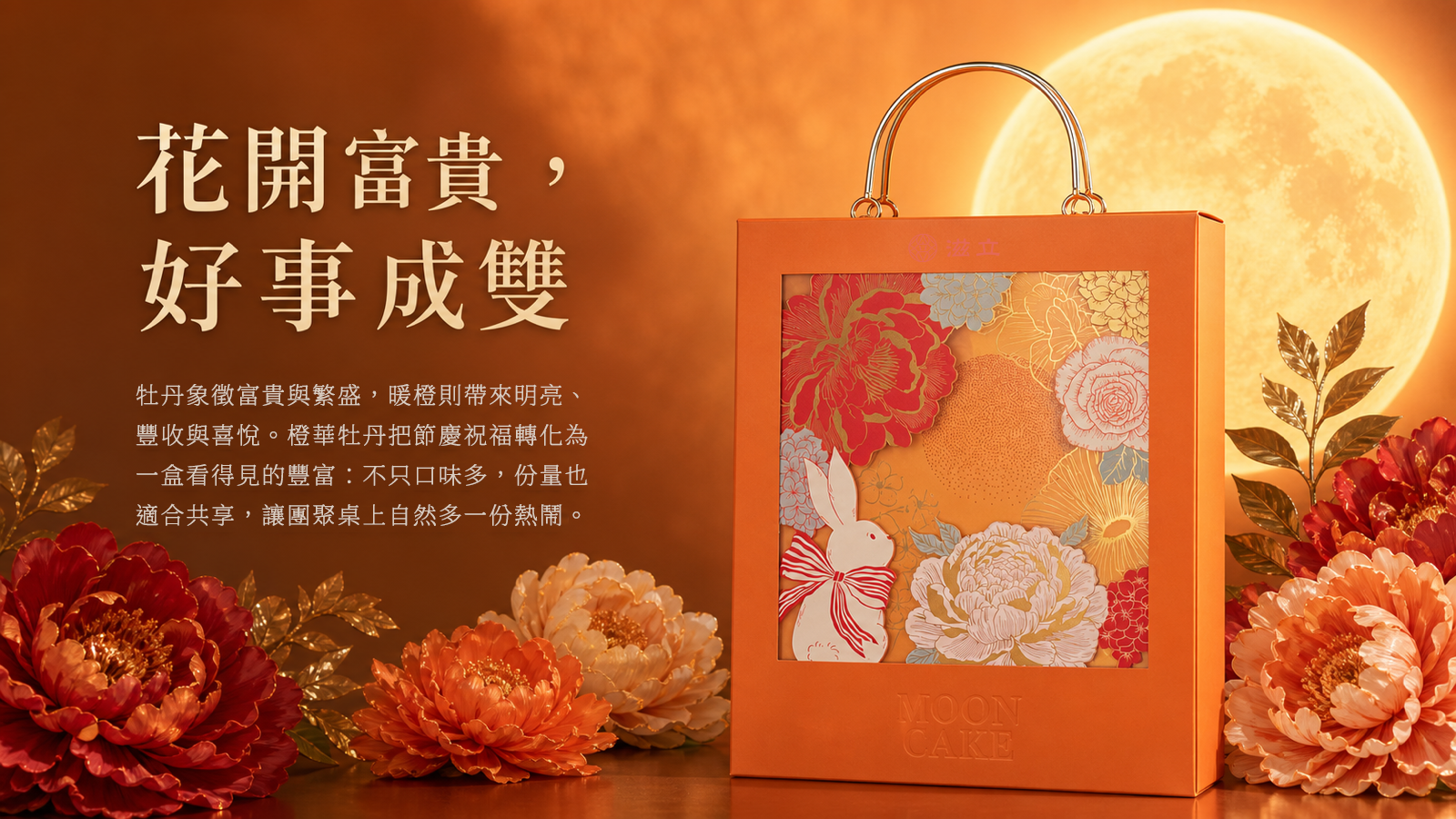 橙華牡丹禮盒與盛放牡丹、金色滿月同框，暖橙色調象徵富貴繁盛與團聚喜氣