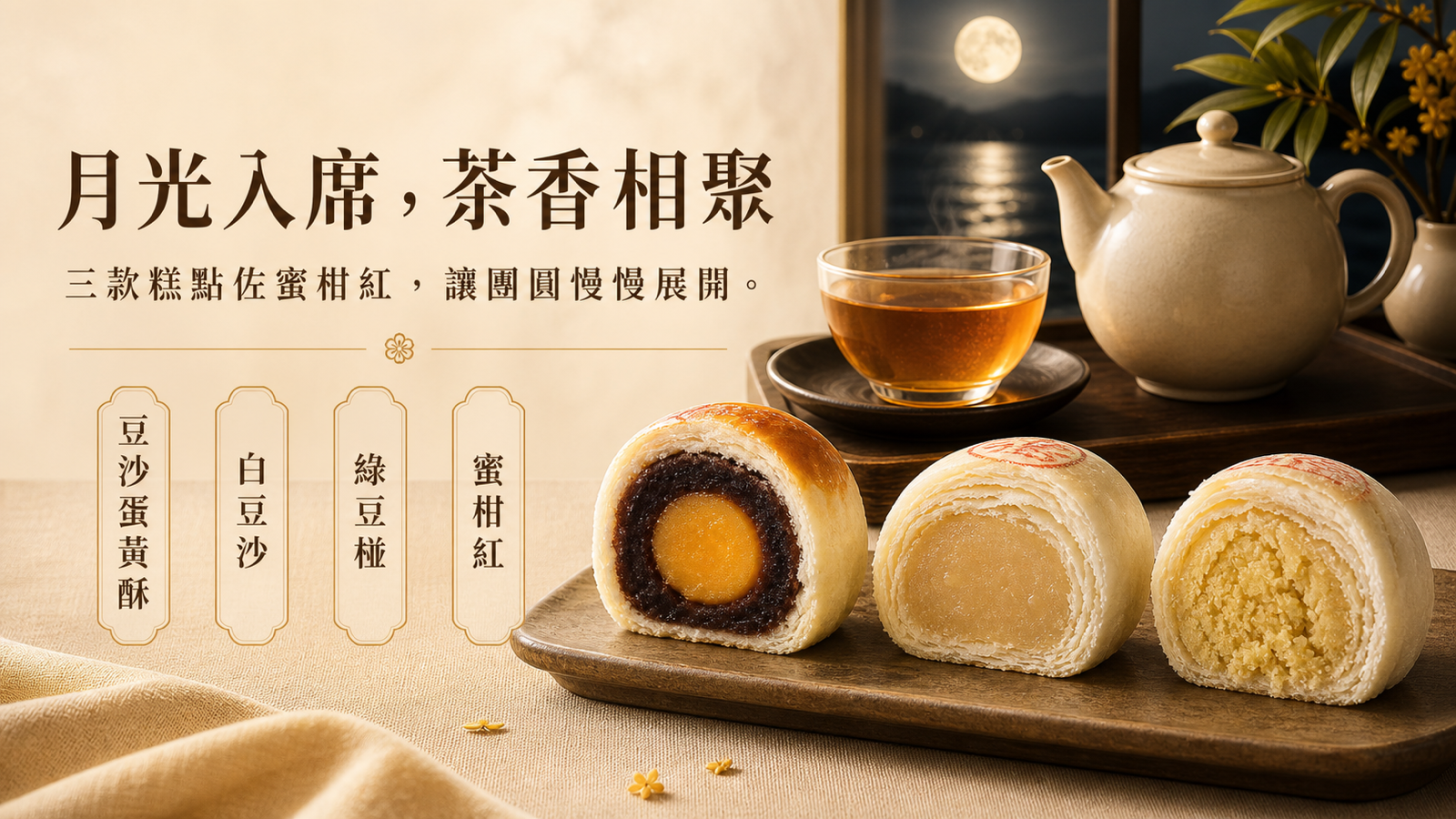 月下品茶共享月光皓月糕點，蛋黃酥、白豆沙與綠豆椪搭配蜜柑紅茶