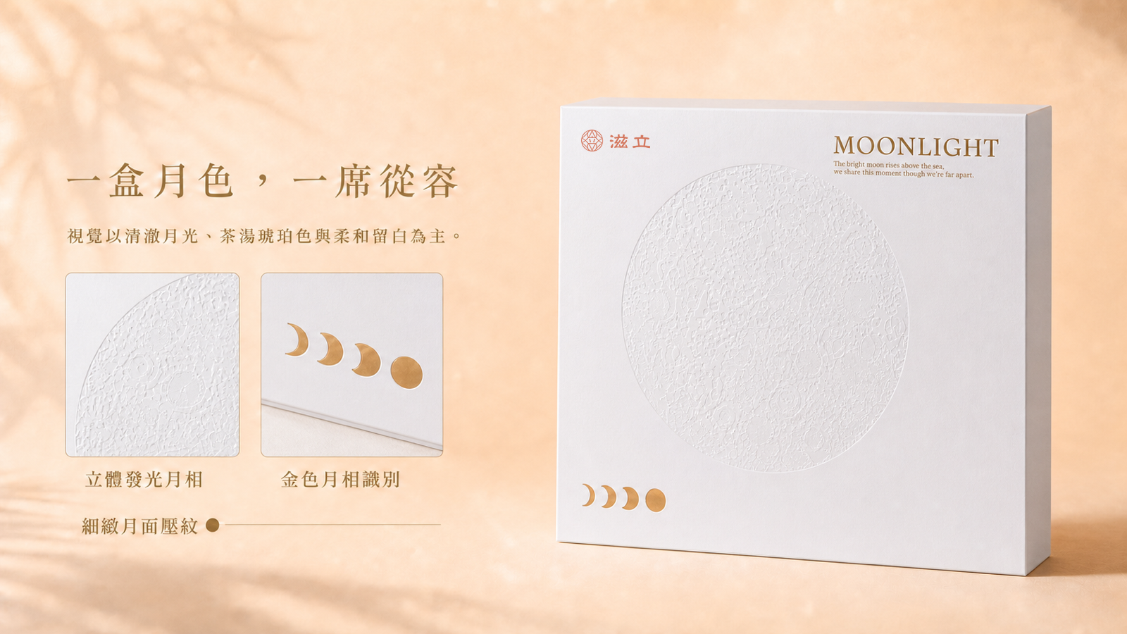 月光皓月禮盒設計細節，呈現立體發光月相、細緻月面壓紋與金色月相識別