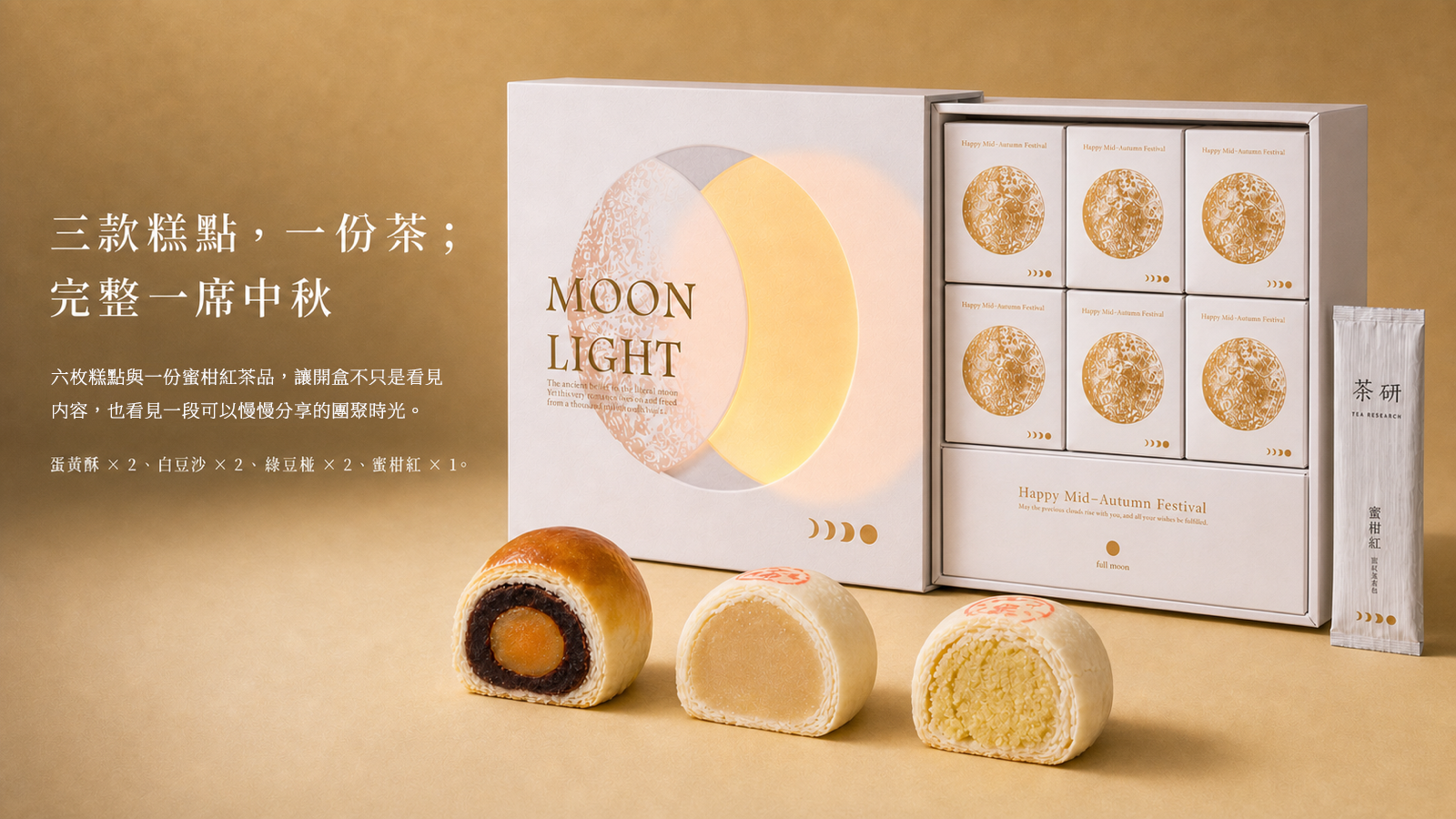 月光皓月開盒全貌，六入糕點整齊排列並附一份蜜柑紅茶，前景展示三款月餅剖面