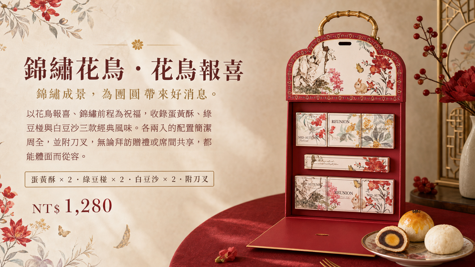 滋立錦繡花鳥中秋禮盒，花鳥畫提盒內含蛋黃酥、綠豆椪與白豆沙各二入並附刀叉，售價1,280元