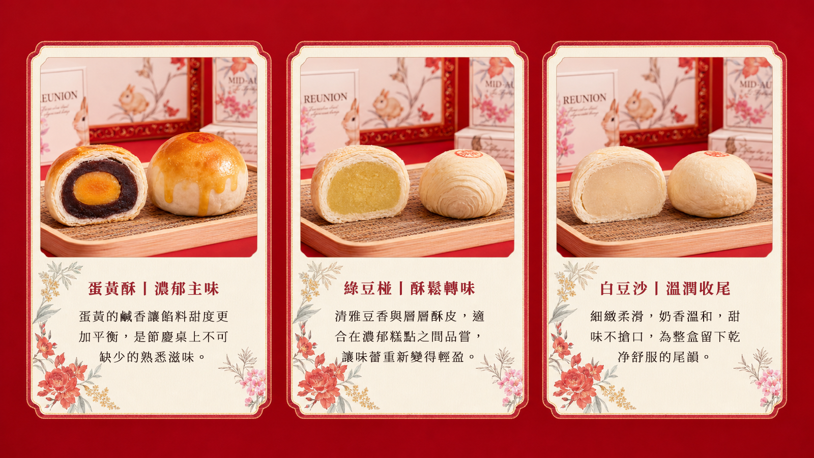 錦繡花鳥逐款品項，展示蛋黃酥、綠豆椪與白豆沙的單顆外觀及剖面層次