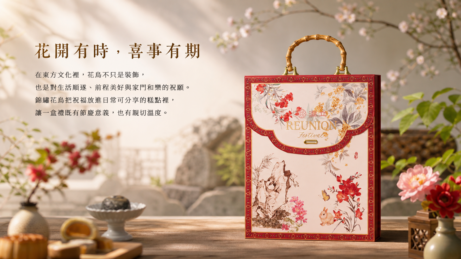 錦繡花鳥禮盒置於東方庭院，花鳥、山水與玉兔圖樣傳達花鳥報喜及團圓祝福