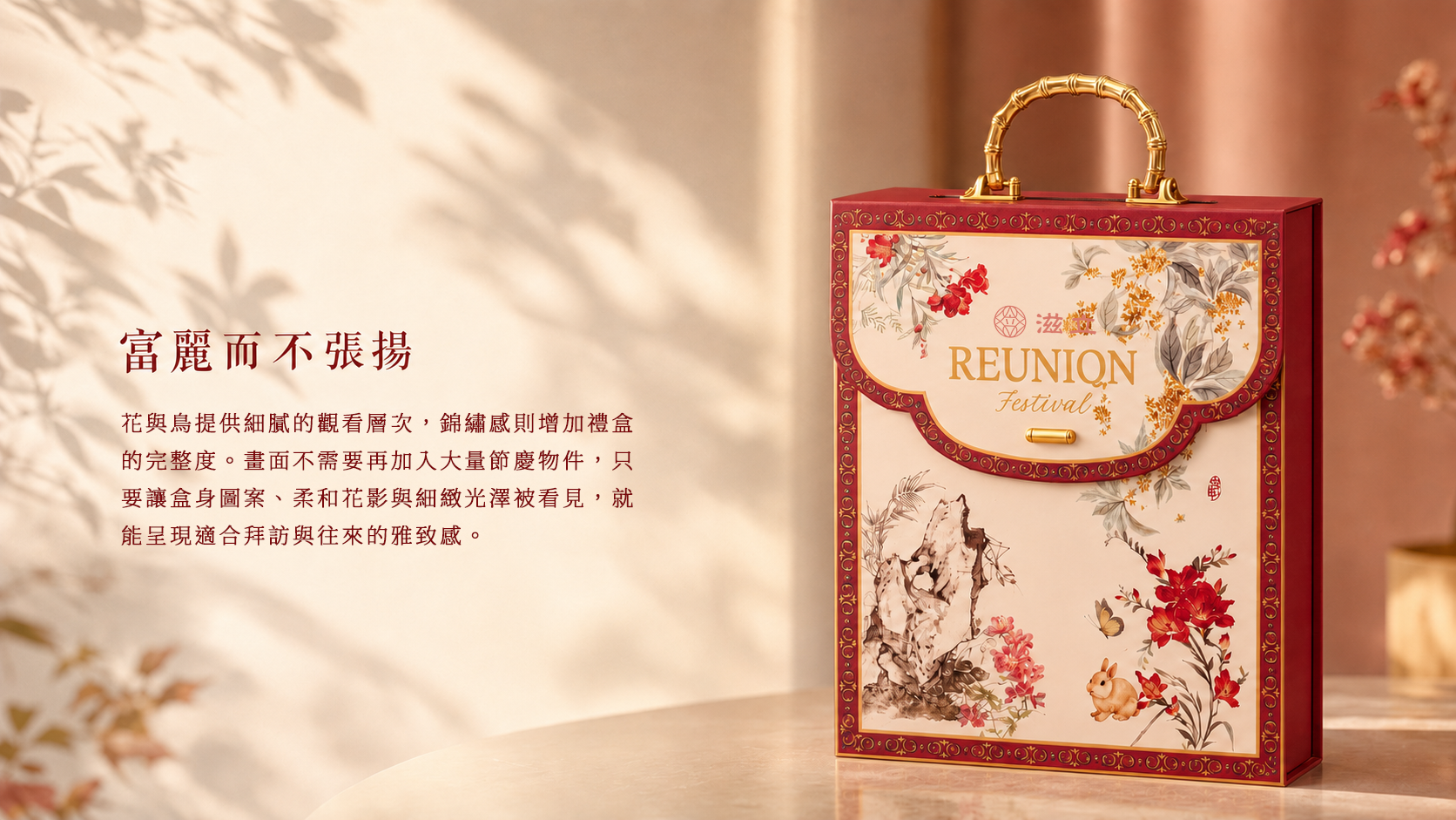 錦繡花鳥禮盒設計，呈現竹節提把、紅色框邊、細膩花鳥畫與金色裝飾