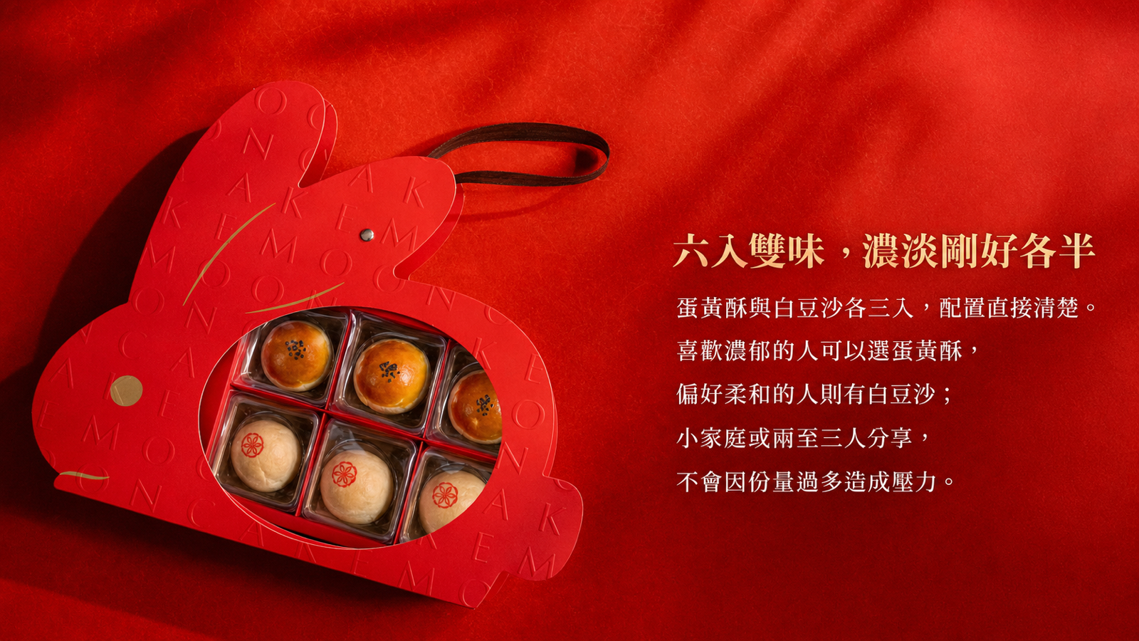 紅月盈兔開盒內容，透明圓窗清楚呈現上排三顆蛋黃酥與下排三顆白豆沙