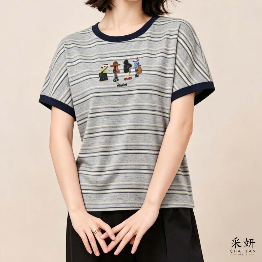 童趣針織小人印花條紋短袖上衣