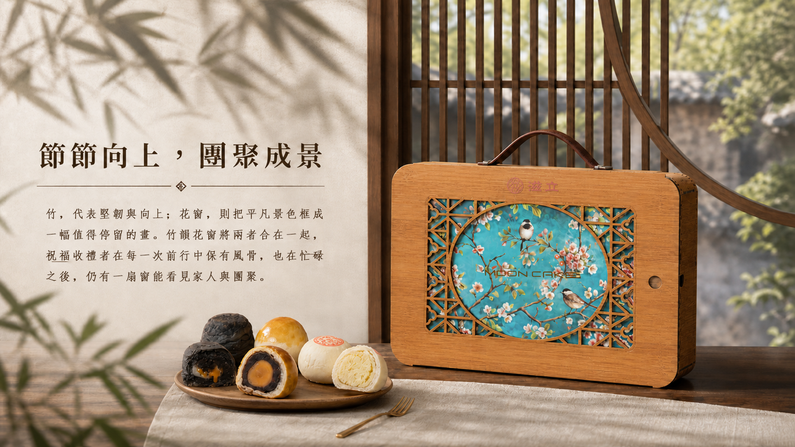 竹韻花窗木質中秋禮盒置於竹影庭院,青綠花鳥窗面呼應節節向上與團聚祝福