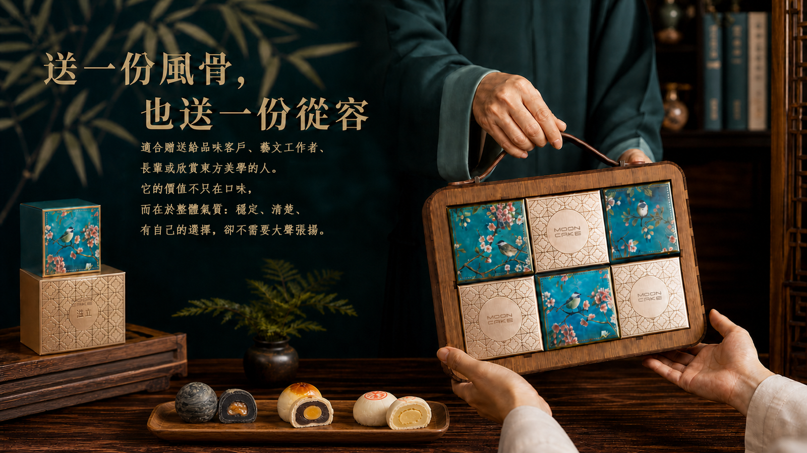 商務送禮情境中雙手交付竹韻花窗禮盒,適合客戶、藝文工作者與重要親友