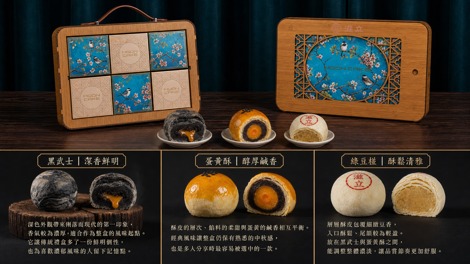 竹韻花窗逐款口味與剖面,展示黑武士、蛋黃酥及綠豆椪的外觀與內餡層次