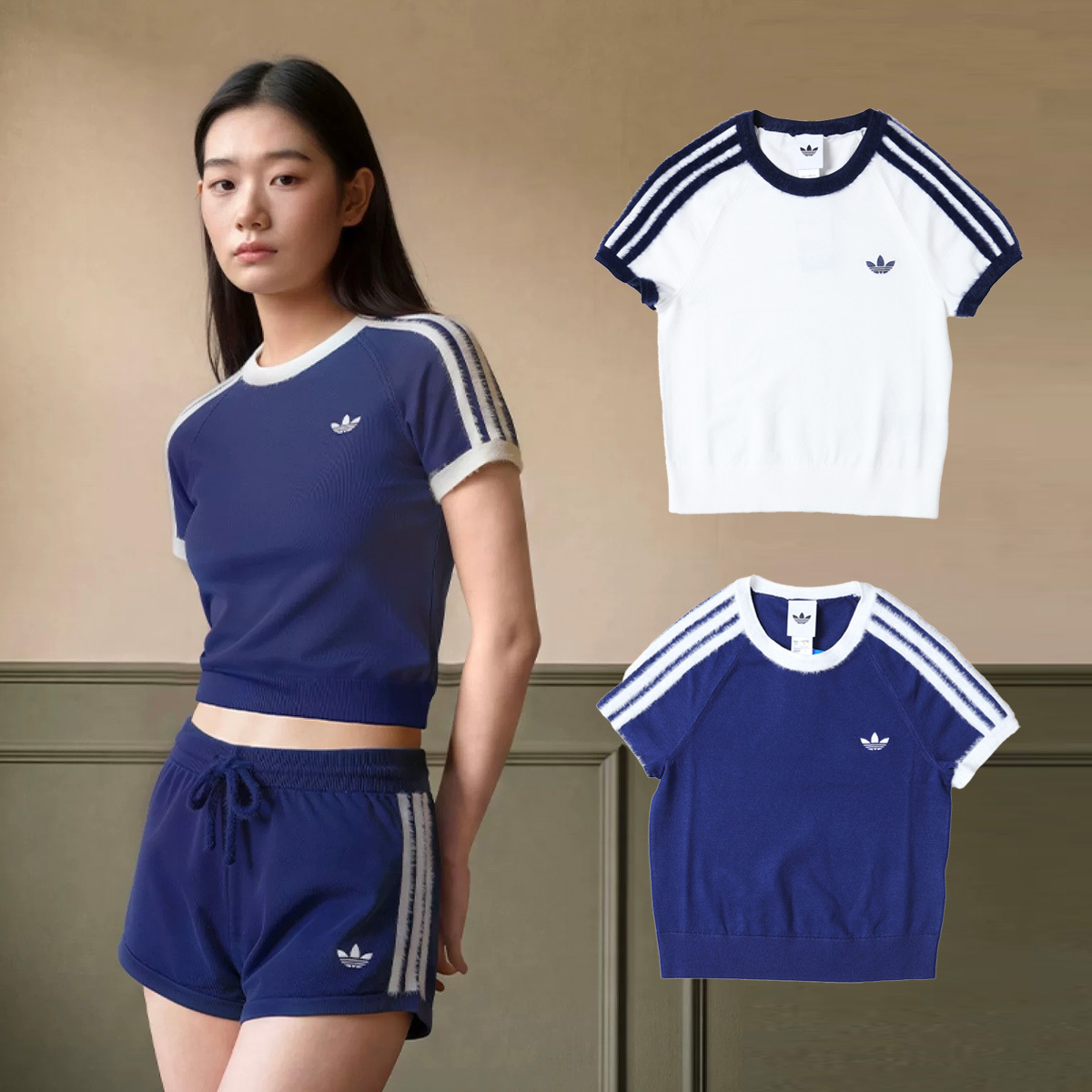 女款 ADIDAS KNIT TEE 白色 藍色 修身 針織 三葉草 貼身 短版 短T【KS9952/KW2606】ADLP