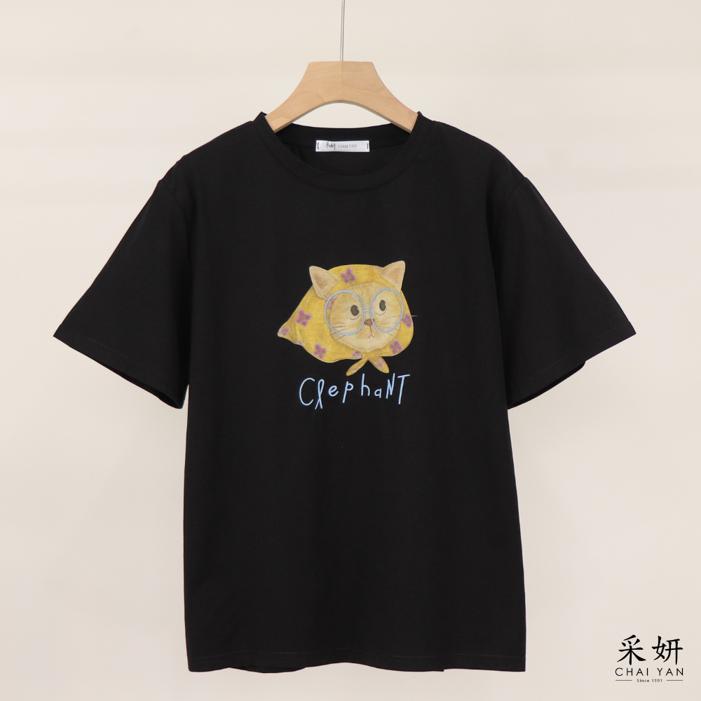 童趣帽子貓咪印花短袖上衣