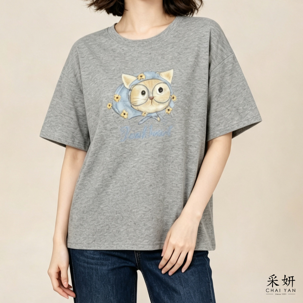 童趣帽子貓咪印花短袖上衣