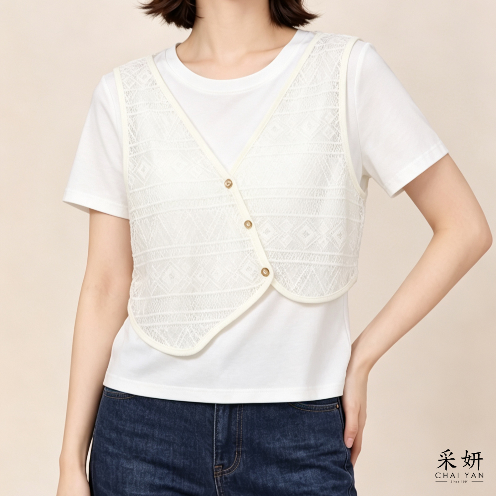 雕花蕾絲馬甲假兩件短袖上衣