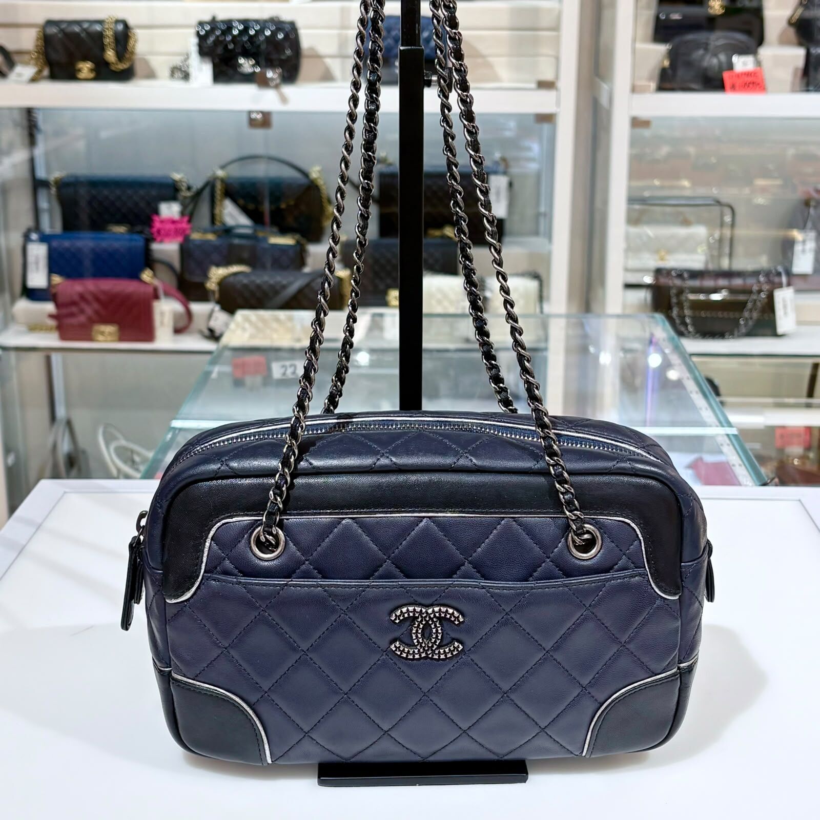 95%NEW二手CHANEL單肩包 Shoulder Bag 黑藍拼色羊皮,香奈兒鏈條包, #香榭站正品