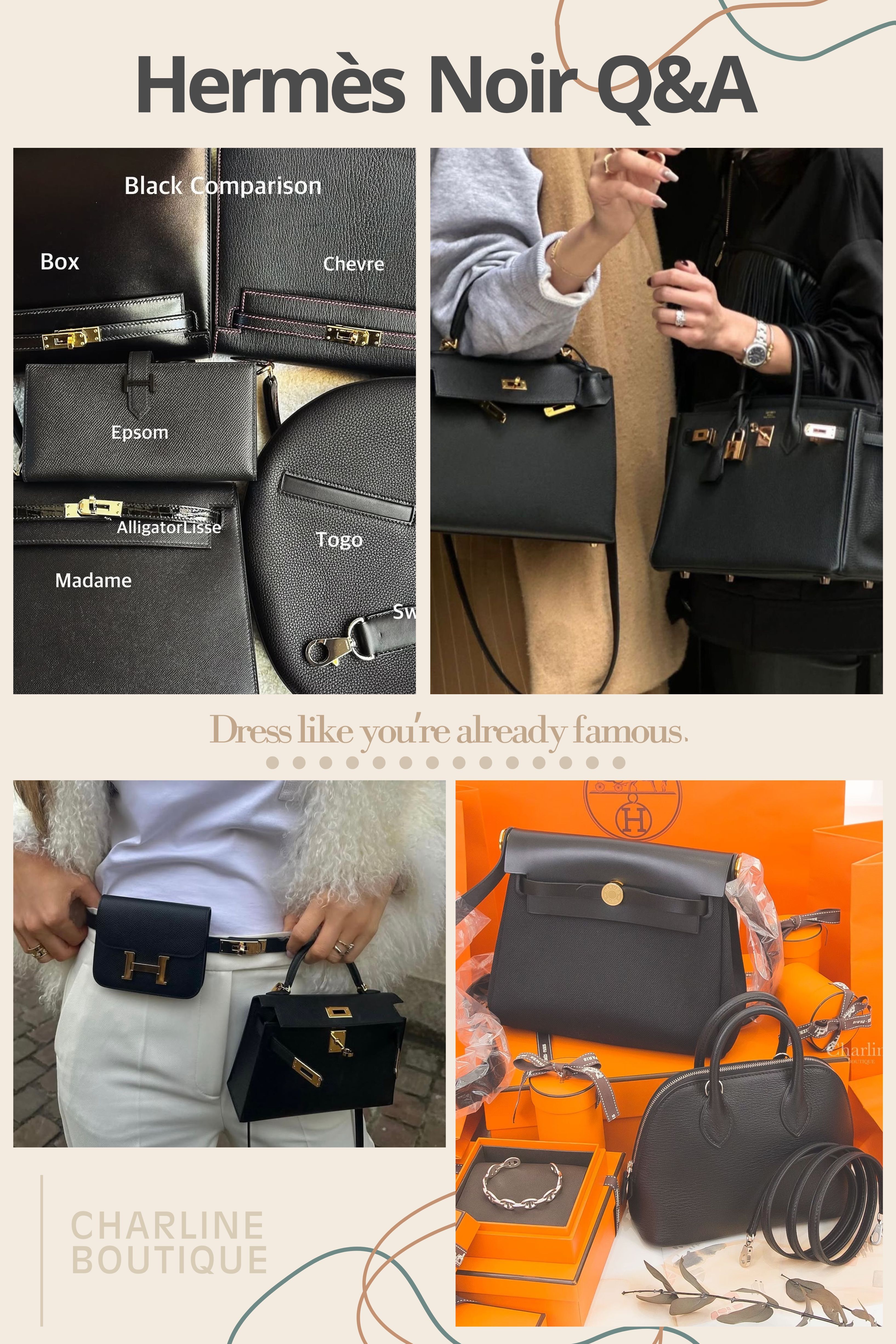 Hermès 89 Noir 常見問題 FAQ  看完五金與包款搭配,真正準備下手時,通常還會冒出一堆實際的疑問。以下整理了 10 個大家在挑選 Hermès 黑色包款時最常問的問題。    Q1：Hermès 89 Noir 黑色配白色縫線嗎？ A：不會。89 Noir 的標準配置通常是黑色或接近皮革色的深色縫線,讓包身維持一體感。三大金剛色裡比較常搭配白色對比縫線的,其實是 37 Gold 金棕色與 18 Étoupe 大象灰,用意是凸顯馬鞍縫製工藝。Charline Boutique 常遇到客人問黑包是不是也配白線,其實縫線顏色本身就是辨認三大金剛色的一個小細節。    Q2：Hermès 黑色包選內縫還是外縫比較好？ A：主要取決於平時的穿搭習慣。  內縫（Retourné）:線條圓潤柔和、容量較寬裕,適合休閒穿搭與重視實用性的人。  外縫（Sellier）:輪廓挺拔俐落、正式感與立體感更強,適合喜歡精緻包型與強大氣場的人。  Charline Boutique 的經驗是,平時以日常使用為主可以優先選內縫,若想收藏氣場強大的黑色 Kelly,外縫會更有代表性。    Q3：Hermès 愛馬仕三大金剛色是哪三個顏色？ A：分別是以下三款:  89 Noir 黑色:沉穩百搭,最省心、不容易出錯。  18 Étoupe 大象灰:帶灰褐色調的大地色,低調知性。  37 Gold 金棕色:辨識度高,常見白色對比縫線。  要注意「三大金剛色」是精品市場間的俗稱,並不是 Hermès 官方分類。Charline Boutique 的經驗是,第一次買愛馬仕又怕顏色難搭的人,從這三款裡挑通常最不容易出錯。    Q4：Hermès 89 Noir 黑色配哪種五金最好看？ A：這其實看個人風格,沒有標準答案:  金釦（GHW）:華麗高貴,黑金對比強烈,適合成熟大氣或正式穿搭。  銀釦（PHW）:冷冽現代,低調帥氣,適合極簡風或日常休閒。  玫瑰金釦:溫柔細緻,適合喜歡精緻又不想太高調的人。  So Black 黑五金:神秘有個性,收藏價值也高。  Charline Boutique 的建議是,第一次買想追求經典氣場可選金釦,平時穿搭休閒中性,銀釦會更自然,也可以參考自己平常習慣戴的飾品顏色來決定。想聊聊自己適合哪一種五金,也歡迎加 Charline Boutique 官方 LINE 直接問小編:https://lihi1.com/y4xM8    Q5：Hermès 哪種皮革最耐刮、最好照顧？ A：首選是 Epsom 牛皮;喜歡柔軟手感,Togo 牛皮也很熱門。  Epsom:人工壓紋,硬挺輕盈,耐磨耐刮且不易顯髒,能長時間維持包身線條。  Togo:天然顆粒紋理,觸感溫潤,輕微刮痕能藏在紋路中,越用越軟卻仍有支撐力。  Swift & Box:皮革細緻平滑、光澤漂亮,但相對嬌嫩,較容易留下刮痕,需要更小心呵護。    Q6：愛馬仕黑色包真的比較耐髒嗎？平常該怎麼保養？ A：視覺上黑色確實比淺色系更不顯髒,但油漬、水痕或白色摩擦痕跡仍會現形,保養不能省:  輕微灰塵:用乾燥超細纖維布輕拭,勿過度用力。  不慎沾水:立即用乾布輕壓吸乾,切勿來回揉擦或用吹風機熱風吹。  收納:清空物品、放入無酸紙維持包型,收進防塵袋,置於通風乾燥處。  Charline Boutique 提醒大家,黑色只是「不顯髒」,不代表可以隨意對待,做好防水防潮才是維持質感的關鍵。    Q7：Hermès 89 Noir 黑色有哪些相似色？ A：以下幾款在暗處極像黑色,但在陽光下會展現細膩層次:  3Y Caban 深藍色:極深的沉穩海軍藍。  76 Bleu Indigo 靛藍色 / Bleu Nuit 午夜藍:帶冷調的深藍色澤。  88 Graphite 石墨灰:介於黑與深灰之間,帶點冷藍調,很有質感。  46 Ébène 烏木棕:如黑巧克力般的極深棕色。  若追求最純正的黑,89 Noir 是首選;若想在不同光線下多一點變化,不妨從上面這幾款開始比較。    Q8：Hermès 89 Noir 搭配不同皮革,顏色會不一樣嗎？ A：會的,因為皮革纖維與加工方式不同,對光線的反射也有差異:  Togo / Clemence:帶天然顆粒,黑色較為溫潤、呈現霧面感。  Box:表面平滑,反光明顯,黑色顯得深邃亮澤,復古感強。  Epsom:細緻壓紋,帶微微霧光,黑色呈現均勻俐落。  Swift:皮革柔軟,吸色度好,89 Noir 會呈現濃郁飽滿的黑。    Q9：Hermès 愛馬仕有哪些適合新手的入門款？ A：比起一開始就直上 Birkin 或 Kelly,以下幾款入手難度相對友善,又兼具實用性:  Picotin Lock（菜籃子）:圓潤可愛,容量夠裝,日常極致百搭。  Evelyne:標誌性 H 洞孔,輕便好背,能徹底解放雙手。  Garden Party（花園包）:通勤首選,容量充足,帆布拼皮或全皮款都很耐用。  Herbag Zip:帶有 Kelly 的優雅輪廓但價格更親民,兼顧氣質與性價比。  如果還在猶豫該從哪一款入門,或想聊聊自己的日常需求,歡迎直接加 Charline Boutique 官方 LINE:https://lihi1.com/y4xM8,小編可以依照你的預算跟使用習慣給建議。    Q10：有哪些風格類似 Hermès 的低調精品品牌？ A：如果欣賞 Hermès 頂級材質與低調奢華的作風,也可以認識以下幾個同樣以極致工藝聞名的品牌:  Delvaux:比利時皇家御用,歷史悠久,包型優雅高貴。  Valextra:有「義大利愛馬仕」之稱,設計極簡俐落,無明顯 Logo。  Moynat:源自法國旅行箱工藝,帶有獨特的復古雕塑感。  The Row:新一代靜奢風(Quiet Luxury)代表,極簡剪裁與頂級面料的完美結合。  Loro Piana:以頂級羊絨起家,皮具同樣呈現自然、舒適的低調奢華感。