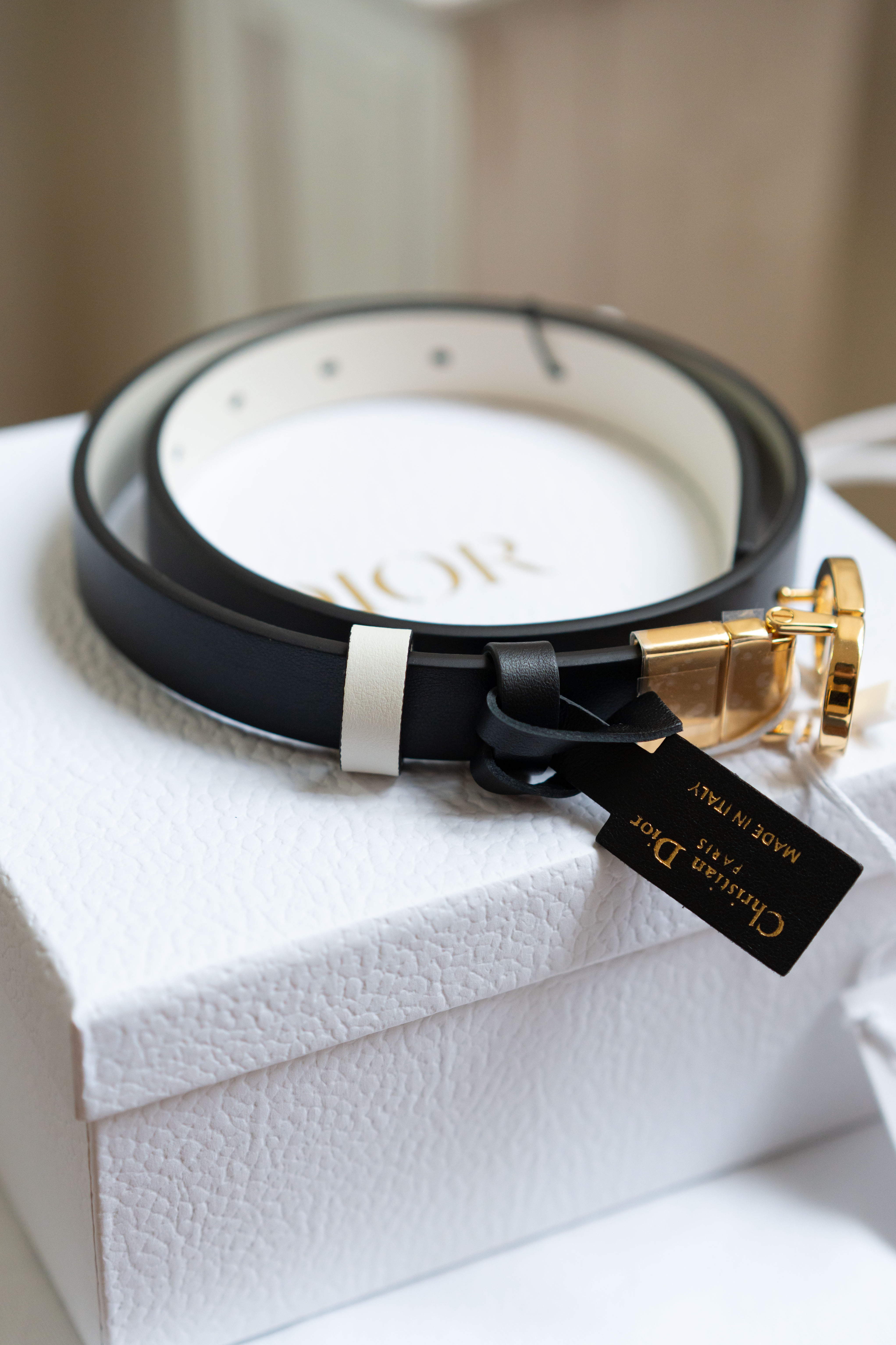 Dior 30 Montaigne 雙面皮帶 黑色和奶白色光滑小牛皮 2cm