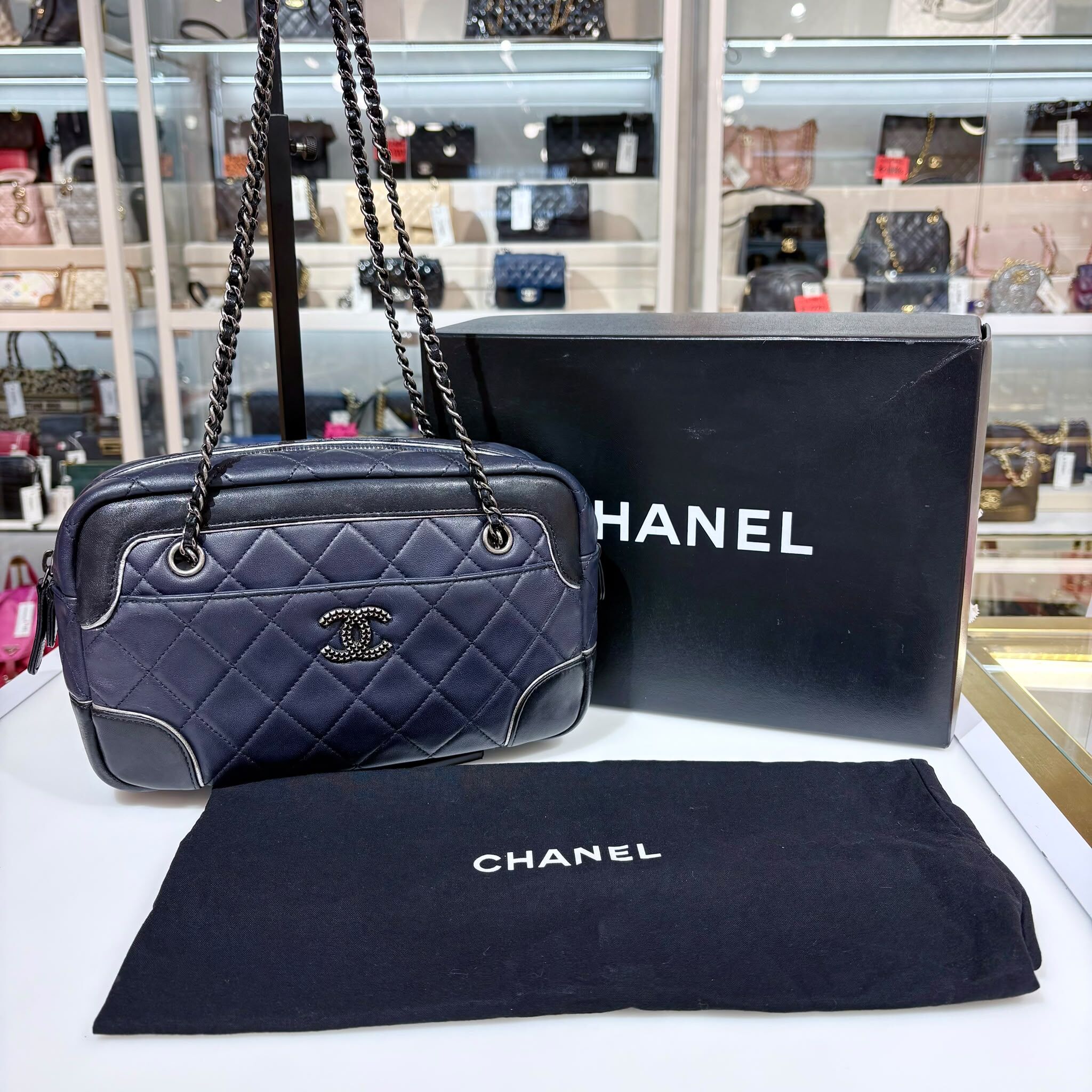 95%NEW二手CHANEL單肩包 Shoulder Bag 黑藍拼色羊皮,香奈兒鏈條包, #香榭站正品