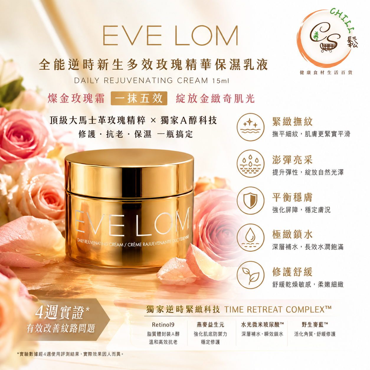 EVE LOM全能逆時新生多效玫瑰精華保濕乳液 Daily Rejuvenating Cream 15ml