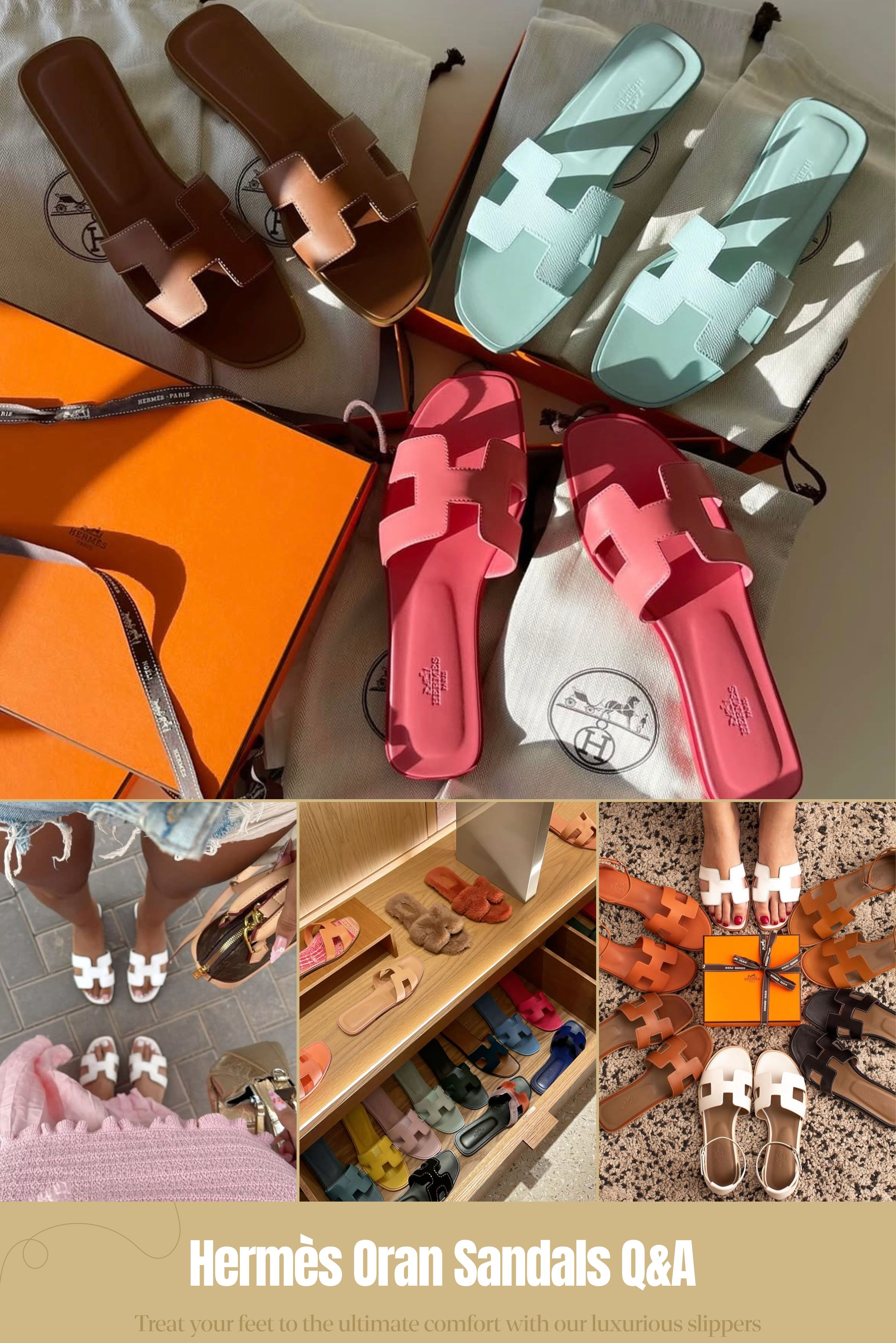 FAQ｜Oran Sandal 10 大常見問題  Q1：Hermès Oran 尺寸怎麼選？版型偏大還是偏小？ 一般可以先從平常穿的歐洲碼正常尺寸開始試穿，不過因為 Oran 採用固定的「H」字鞋面，楦型偏窄，對腳背的包覆感也比較明顯，不能只靠腳長判斷。腳板較寬、腳背較高，或尺寸剛好卡在兩個尺碼之間的人，建議大半號會比較舒服；腳型非常寬的話，才需要視情況試到大一號，但太大也可能造成走路鬆脫。小編實際幫客人配尺寸時，除了平常鞋碼，也會一起確認腳長、腳寬跟腳背高度——有客人平常穿 37 號，因為腳背偏高最後選了 37.5 號，也有人腳板較瘦，拿大半號反而一直滑動。Charline Boutique 的經驗是，有機會的話還是親自到專櫃試穿一次最準確。  Q2：Hermès Oran 有高跟款嗎？Oasis 鞋跟多高？ 有的，Oasis Sandal 就是 Oran 的高跟版本，兩款都保留經典「H」字鏤空鞋面：  Oran Sandal：鞋跟約 1 公分，屬於平底款，適合日常逛街、輕鬆外出。  Oasis Sandal：鞋跟約 5 公分，中粗跟設計走起來相對穩，能自然拉長腿部比例，整體也比 Oran 更優雅正式。  Charline Boutique 整理後的心得是：重視方便穿脫的人多半選 Oran，想修飾身高又不想穿細跟鞋的人，通常會偏愛 Oasis。  Q3：第一雙 Oran 材質怎麼選？ Hermès Oran 除了經典皮革，也常隨季節推出以下材質：  經典小牛皮：質感細緻溫潤，穿久後會逐漸貼合腳型，日常保養也最簡單，是最不容易後悔的第一雙選擇。  帆布、丹寧牛仔布：質地輕盈，帶有休閒度假感，適合夏天或年輕活潑的穿搭。  Shearling 毛毛款：秋冬氛圍濃厚、觸感柔軟，但穿著季節與場合相對有限。  顏色首推金棕色（Gold）或黑色（Noir），金棕色溫暖顯白，黑色低調又耐髒。Charline Boutique 的經驗是，材質的柔軟度會直接影響包覆感，就算已經有一雙 Oran，換材質再買時還是建議重新確認尺寸。  Q4：除了 Oran，愛馬仕還有哪些必買女鞋？ 以下幾款我們也代購過非常多次：  Chypre：人氣極高的中性涼鞋（俗稱二舅鞋），寬版「H」字鞋面搭配可調式鞋帶，包覆感比 Oran 更明顯，風格休閒帶點運動感。  Santorini：外型跟 Oran 相似，但多了一條可調式腳踝帶，固定感更好，適合擔心拖鞋鬆脫的人。  Bouncing：很有代表性的休閒運動鞋，日常通勤很好搭。  Paris & Oz：經典樂福鞋與穆勒鞋，上班休閒都很百搭。  Charline Boutique 整理後的心得是：喜歡休閒包覆感選 Chypre，想保留 Oran 的優雅但要更穩固可以看 Santorini。  Q5：除了愛馬仕，還有哪些精品拖鞋值得推薦？ 幾個常被客人拿來比較的品牌整理如下：  Dior Dway 刺繡拖鞋、Chloé Woody 帆布拖鞋：適合喜歡度假風的人。  Chanel 皮穿鍊涼拖：偏愛優雅精緻感的首選。  Bottega Veneta 編織拖鞋、CELINE、Saint Laurent 簡約皮拖鞋：喜歡低調奢華感可以考慮。  每個品牌的鞋楦跟鞋面寬度都不太一樣，不能直接套用同一個尺碼互相比較。Charline Boutique 的經驗是，尤其是寬腳或高腳背的人，購買前最好還是先試穿過一次。  Q6：Hermès 男鞋有哪些熱門款？ 男鞋方面，熱門款式大致分三類：  休閒運動鞋：復古風的 Jet 德訓鞋，以及厚底潮流感十足的 Bouncing。  涼拖鞋：男版 Oran 叫做 Izmir，運動風的 Chypre 男生穿也非常有型。  正式皮鞋：經典的 Paris 樂福鞋絕對是不敗首選，風格更休閒一點則可以看 Irving。  Charline Boutique 整理後的心得是：喜歡德訓鞋復古感選 Jet，想要一雙上班日常都能穿的皮鞋就選 Paris。  Q7：除了鞋子，Hermès 最熱門的包款有哪些？ 包款詢問度最高的大致可以分兩類：  夢幻三巨頭（BKC）：Birkin 柏金包、Kelly 凱莉包與 Constance 康康包，其中 Birkin 25、30 跟 Kelly 25、28 詢問度特別高。  日常入門款：Picotin Lock 菜籃子、Lindy，或是休閒感十足的 Evelyne 與 Herbag。  Charline Boutique 的經驗是，第一次入手想要日常使用率高，Picotin 或 Evelyne 通常是最容易上手的選擇。  Q8：Hermès 鞋子有哪些常見皮革？ 鞋款常見的皮革材質整理如下：  一般小牛皮：質感細緻、較挺拔，是最經典的選擇。  Box 小牛皮：表面平滑有光澤，但相對怕刮。  Epsom 壓紋小牛皮：較耐磨好整理。  Swift 小牛皮：最柔軟、顯色度也高。  麂皮：觸感柔軟，休閒款式常見，但比較怕水跟灰塵。  Charline Boutique 整理後的心得是：想要經典耐看選一般小牛皮，重視好整理可以留意 Epsom，喜歡柔軟顯色就選 Swift。  Q9：Hermès 真假怎麼分辨？ 現在的高仿品做得相當精細，絕對不能只靠單一的刻印、橘盒或收據來判斷。正品從頂級皮革的天然溫潤感、馬鞍針法手工縫線的均勻度，到五金的手感與燙印字體的深淺排列，每個細節都有講究，仿品常常在字距、針距或五金重量上露出破綻。Charline Boutique 的經驗是，最安全的做法還是找來源清楚、評價良好且有售後保障的通路或代購購買,必要時交由專業第三方鑑定機構確認會更保險。  Q10：買 Hermès 鞋子需要配貨嗎？ 單獨買鞋子是不需要配貨的，只要專櫃有妳的尺寸跟喜歡的顏色就能直接購買，鞋子不屬於需要累積消費才能拿到的熱門包款。至於能否累積專櫃消費紀錄，實際情況會依地區、專櫃跟銷售人員而有所不同，買鞋也不代表一定能換到指定包款。Charline Boutique 整理後的心得是：千萬不要為了所謂的配貨比例，特地去買自己用不到的商品。