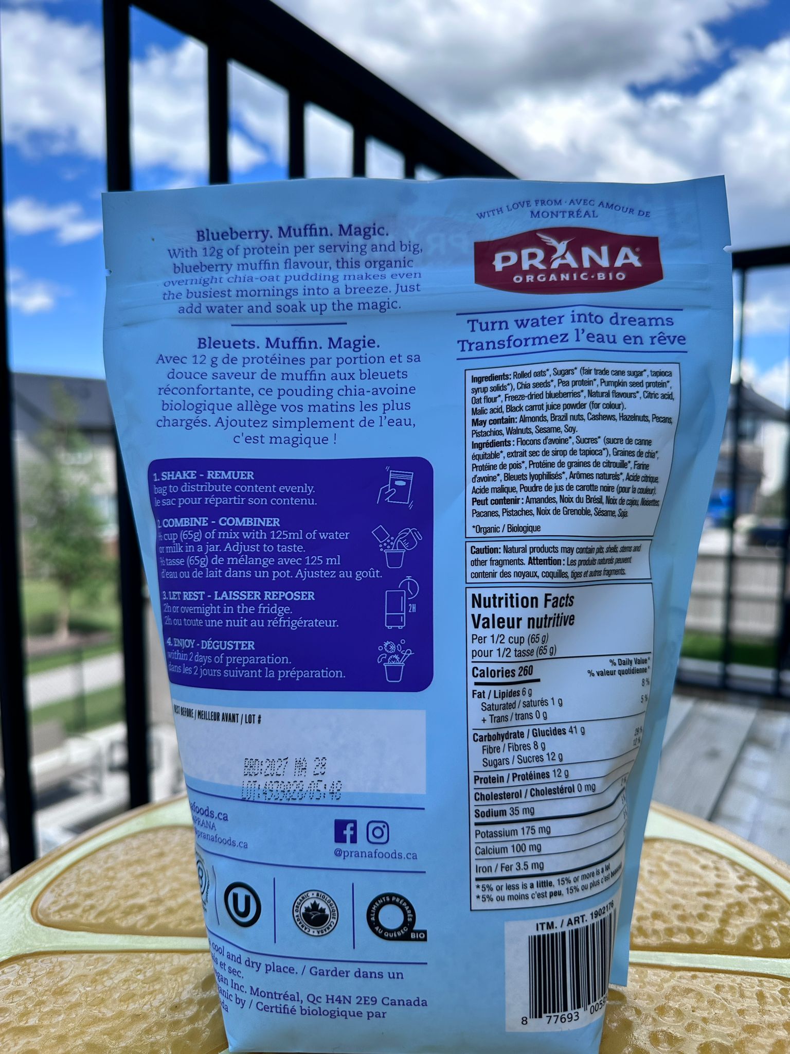 UU46 Prana有機隔夜燕麥奇亞籽 藍莓鬆餅味 780g  **到期日:約 2027/05