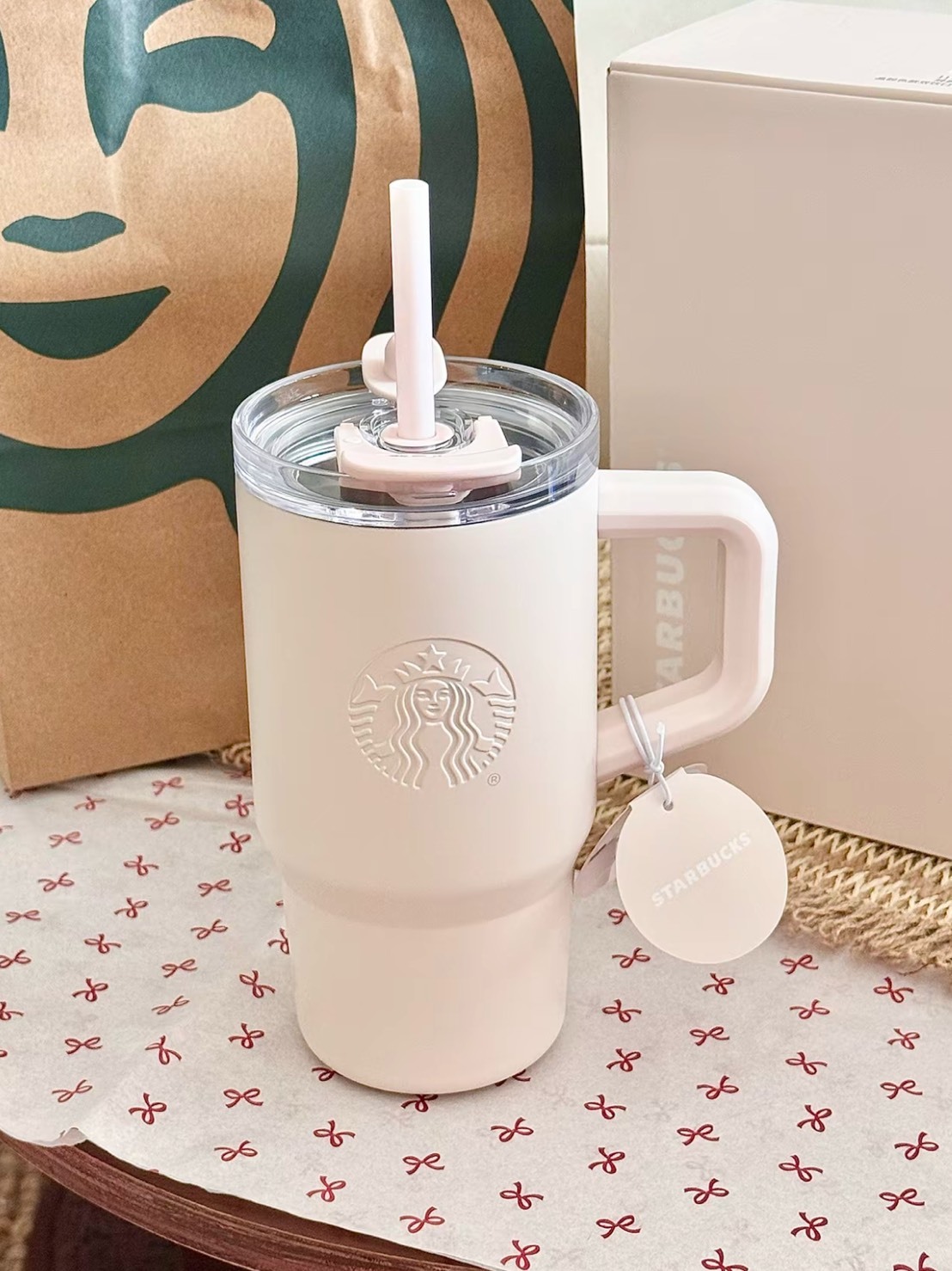 STARBUCKS 星巴克 奶油粉 雙飲口 不鏽鋼 冰壩杯 615ML