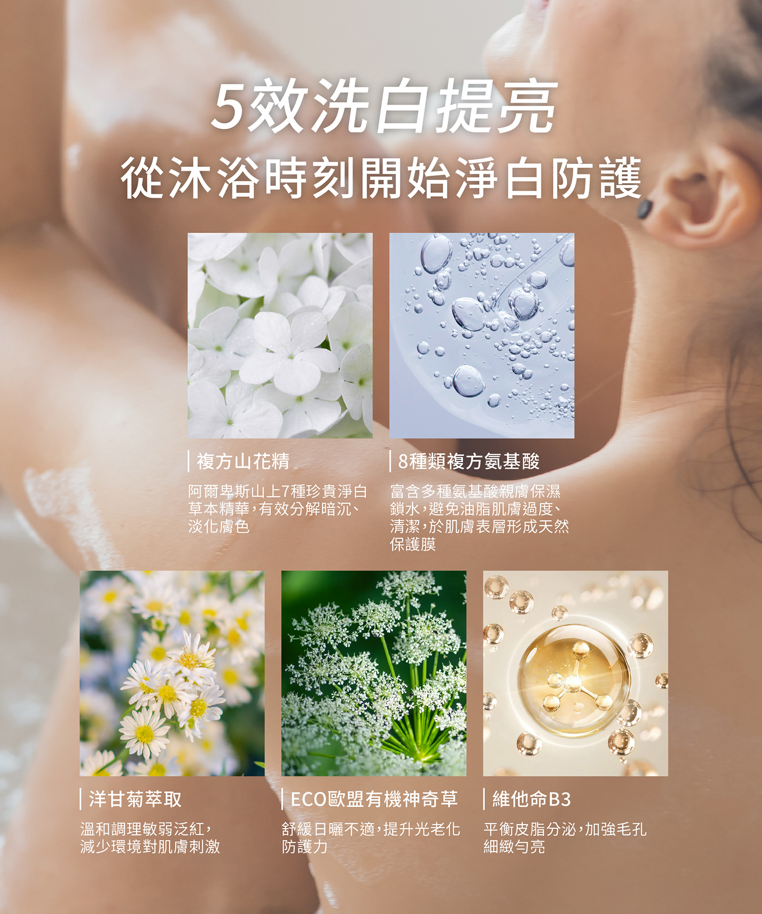 五分鐘也能享有頂級沐浴享受的5效亮白成分 富含滿滿滋潤美容液的沐浴精華,SPA級香沐保養添加淨白草本山花精、嫩白氨基酸、亮白維他命B3等,透過每天溫和清潔同時展開煥白步驟,洗後不乾澀更光滑,膚觸澎彈水嫩。