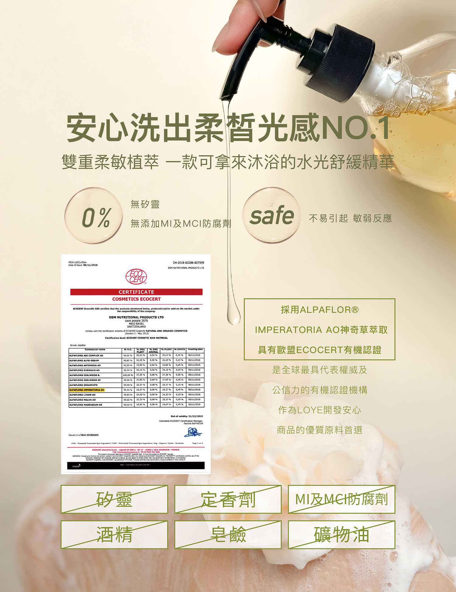 純淨呵護5大無添加的沐浴保養 真正享受100分的沐浴清新,無矽靈、無定香劑、無刺激防腐劑,溫和洗出嫩亮滑第一推薦,緩和換季易敏感的乾癢膚質,未來每天洗澡就是保養!