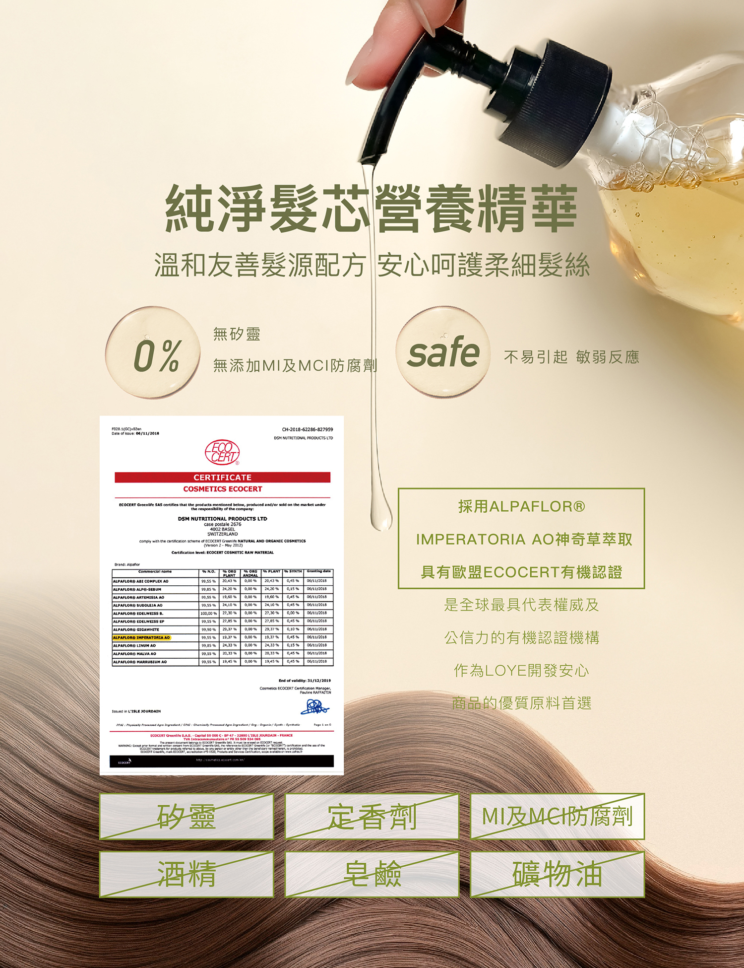 純淨呵護5大無添加的髮質養護 透過每日溫和淨髮,無矽靈、無定香劑、無刺激防腐劑,不帶給頭皮多餘負擔,洗一次等於進行一場頭皮的基礎保養,充滿生命力的秀髮誕生!