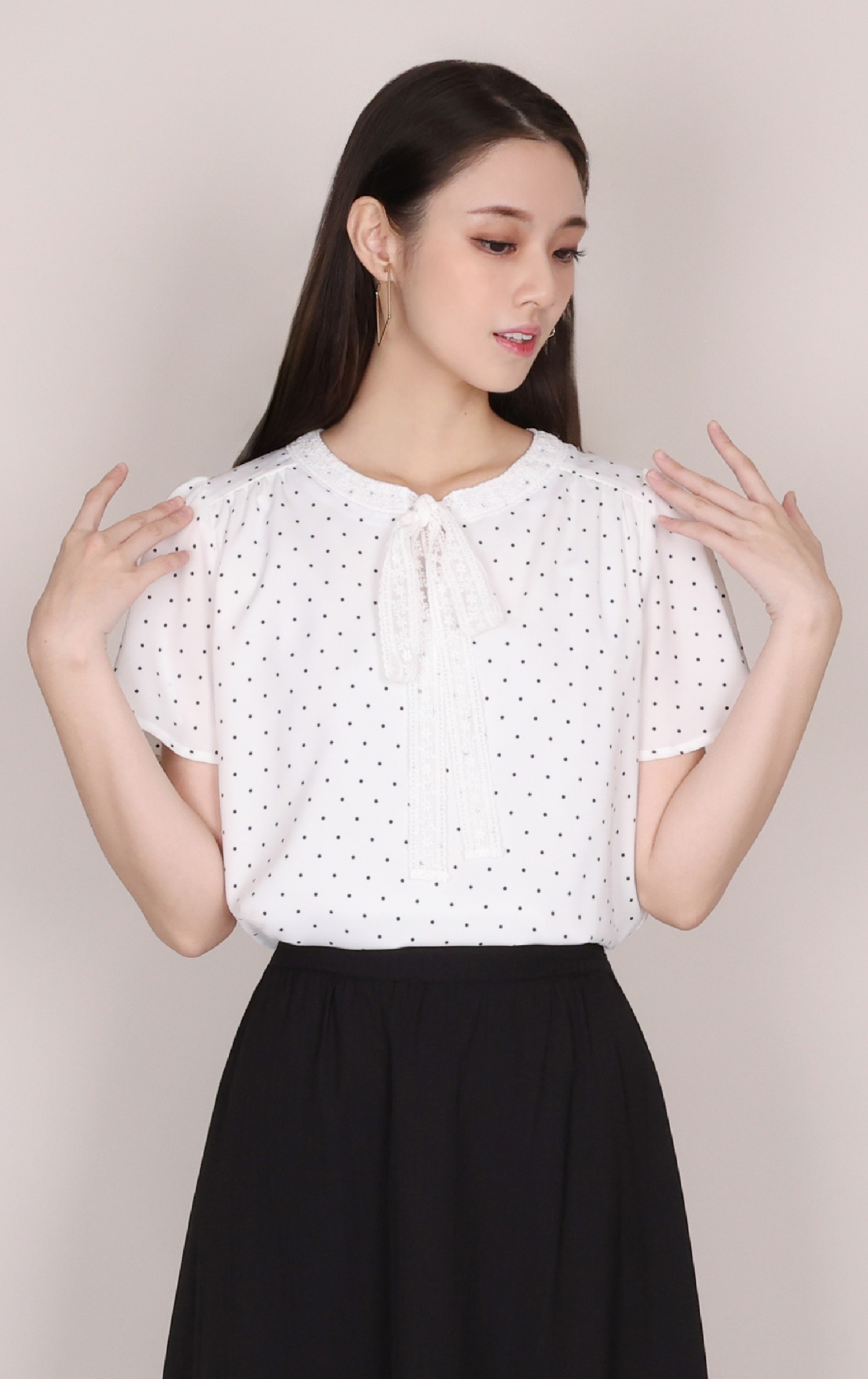 Flutter Sleeve Polka Dot Lace Chiffon Shirt SH0440