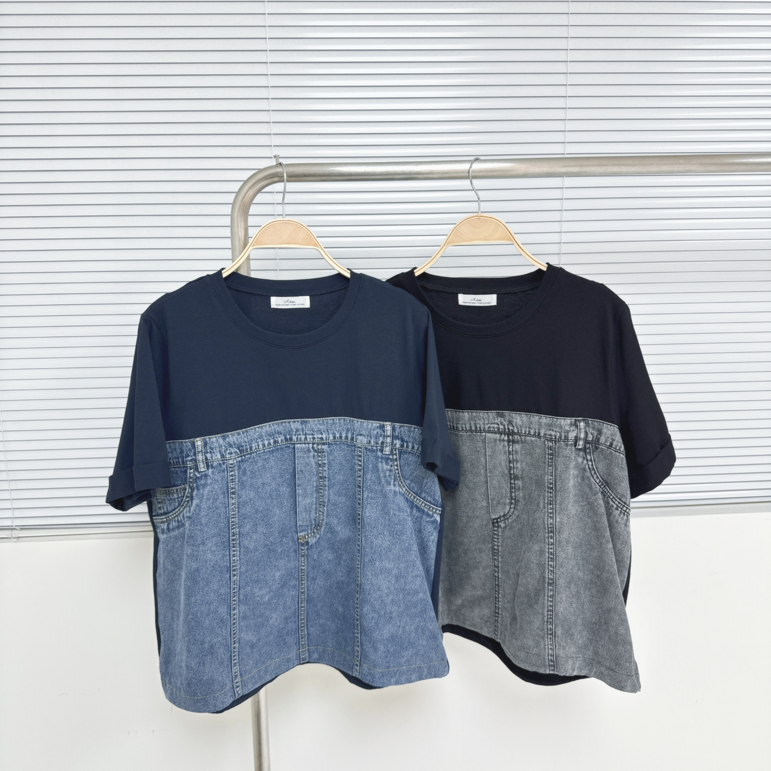 【廠家制】半拼牛仔布反袖TOP (A12-A13)