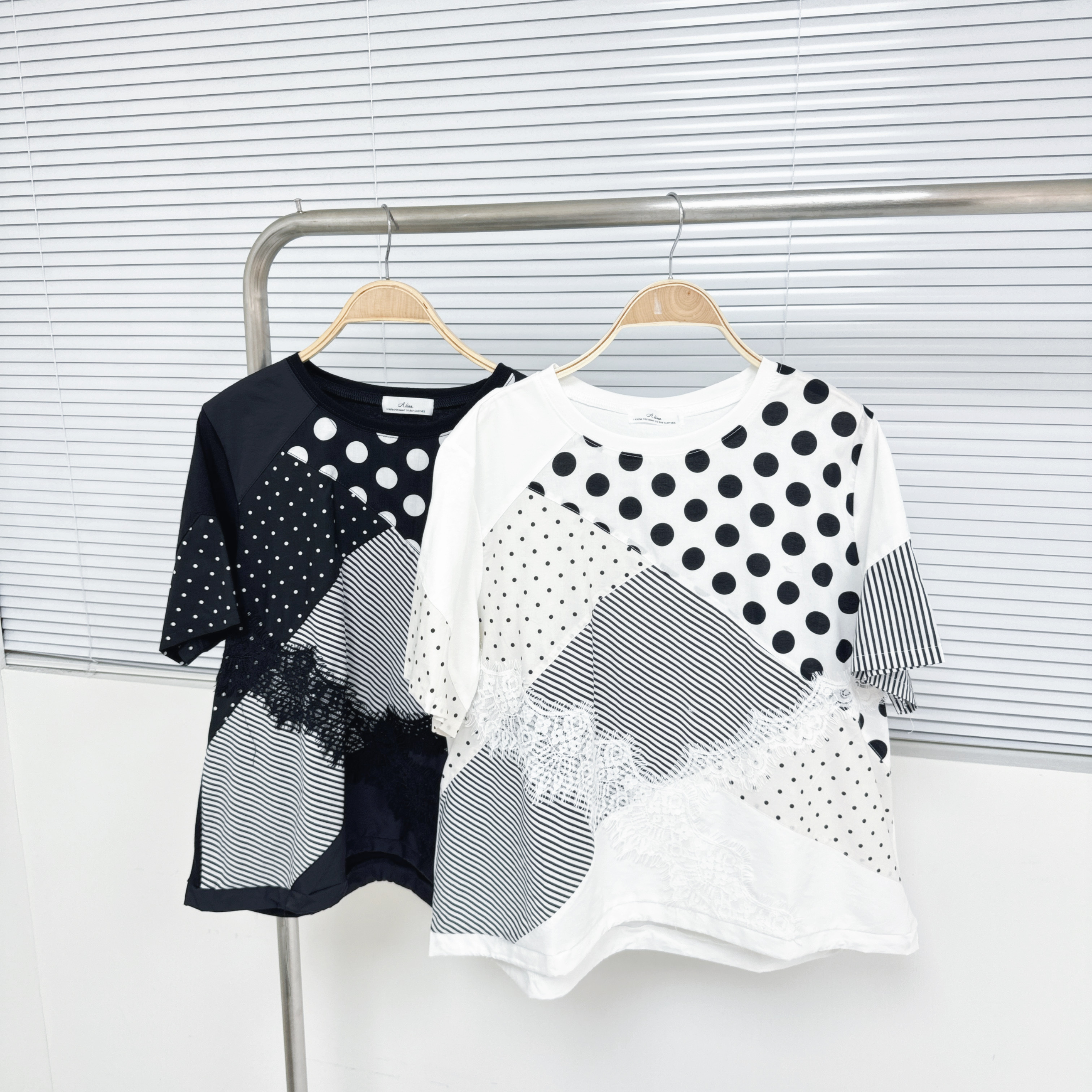 【廠家制】點點拼斜間LACE短袖TOP (A19-A20)