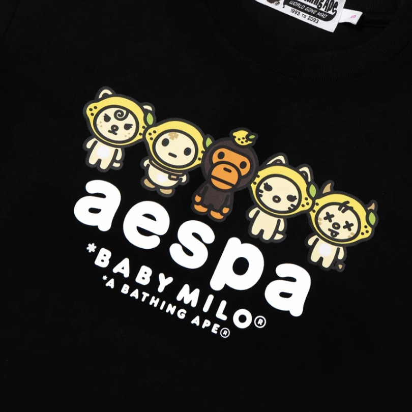 -(B3e03)-AESPA X A BATHING APE BAPE BABY MILO LEMONADE MINI TEE LADIES 短版上衣 聯名款 檸檬小猴 白字 女版