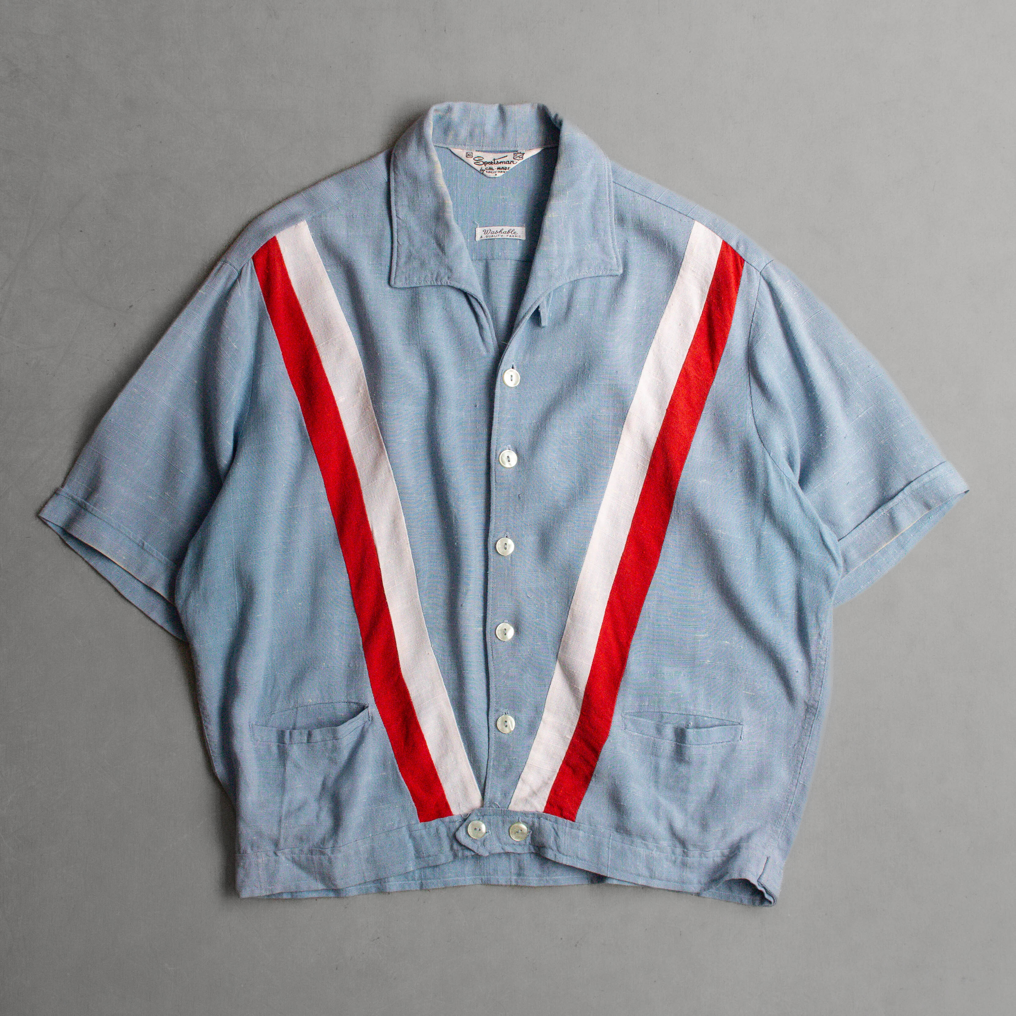 50S SPORTSMAN RAYON SHIRT 美國製 淺藍 拼接 嫘縈 短袖 襯衫