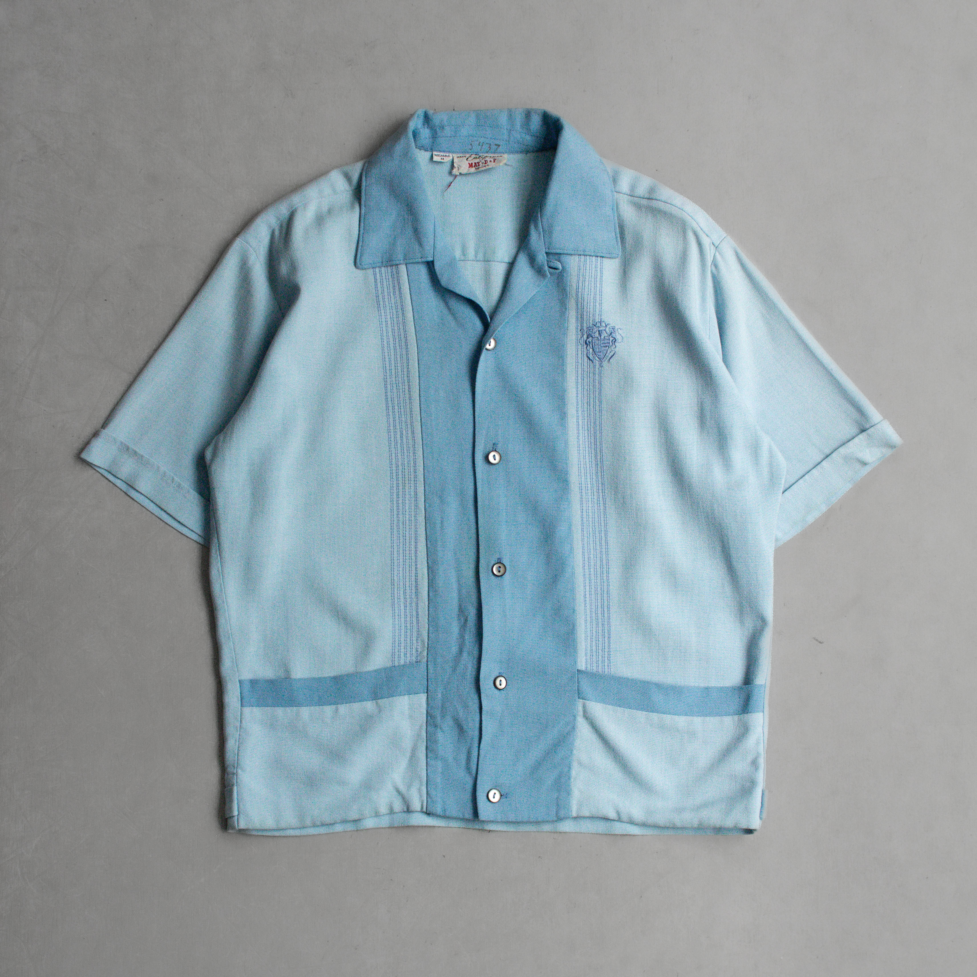 50-60S CALIFORNIA RAYON SHIRT 美國製 淺藍 拼接 嫘縈 短袖 襯衫